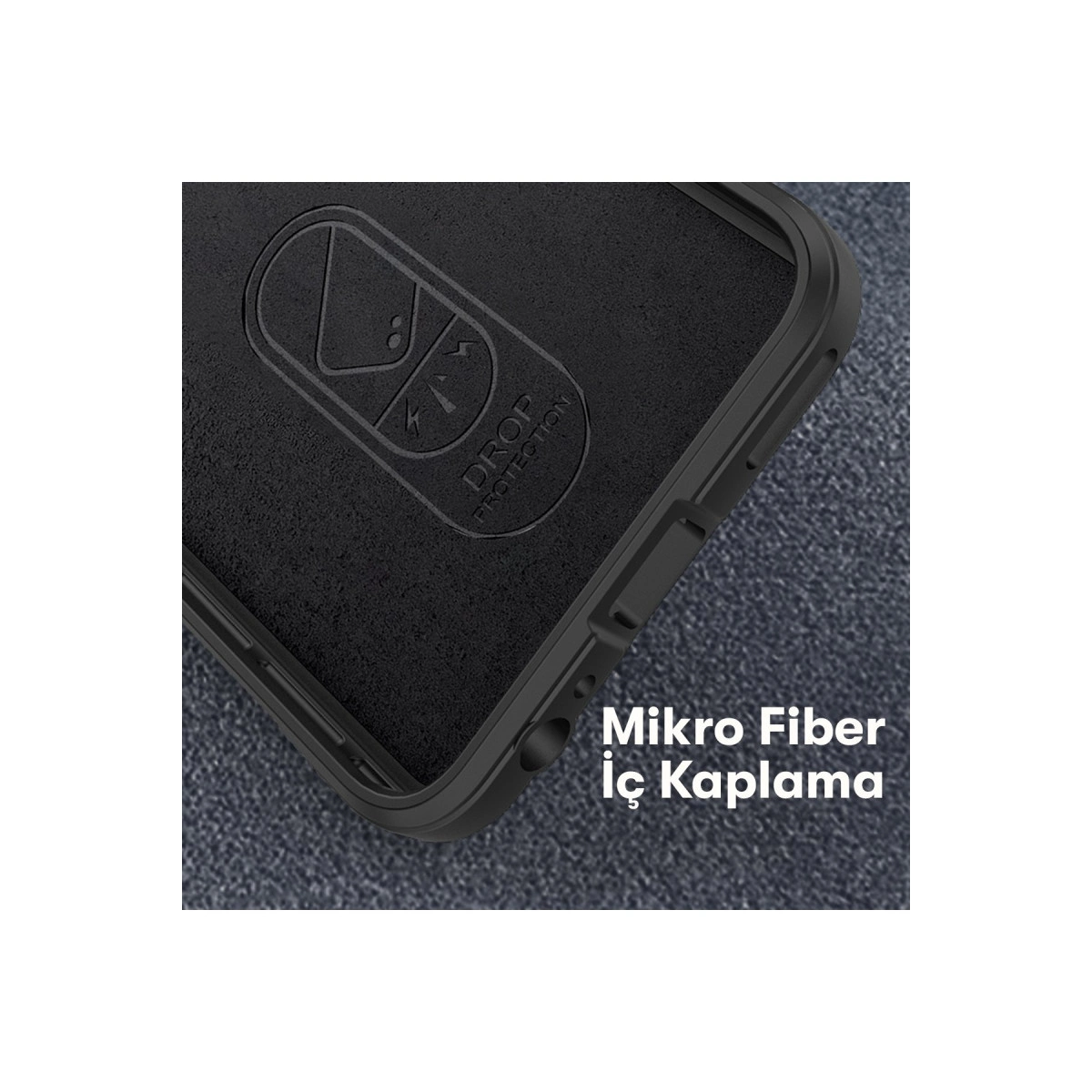 Mikro fiber iç kaplamalı, "Drop Protection" logolu siyah telefon kılıfı içi.
