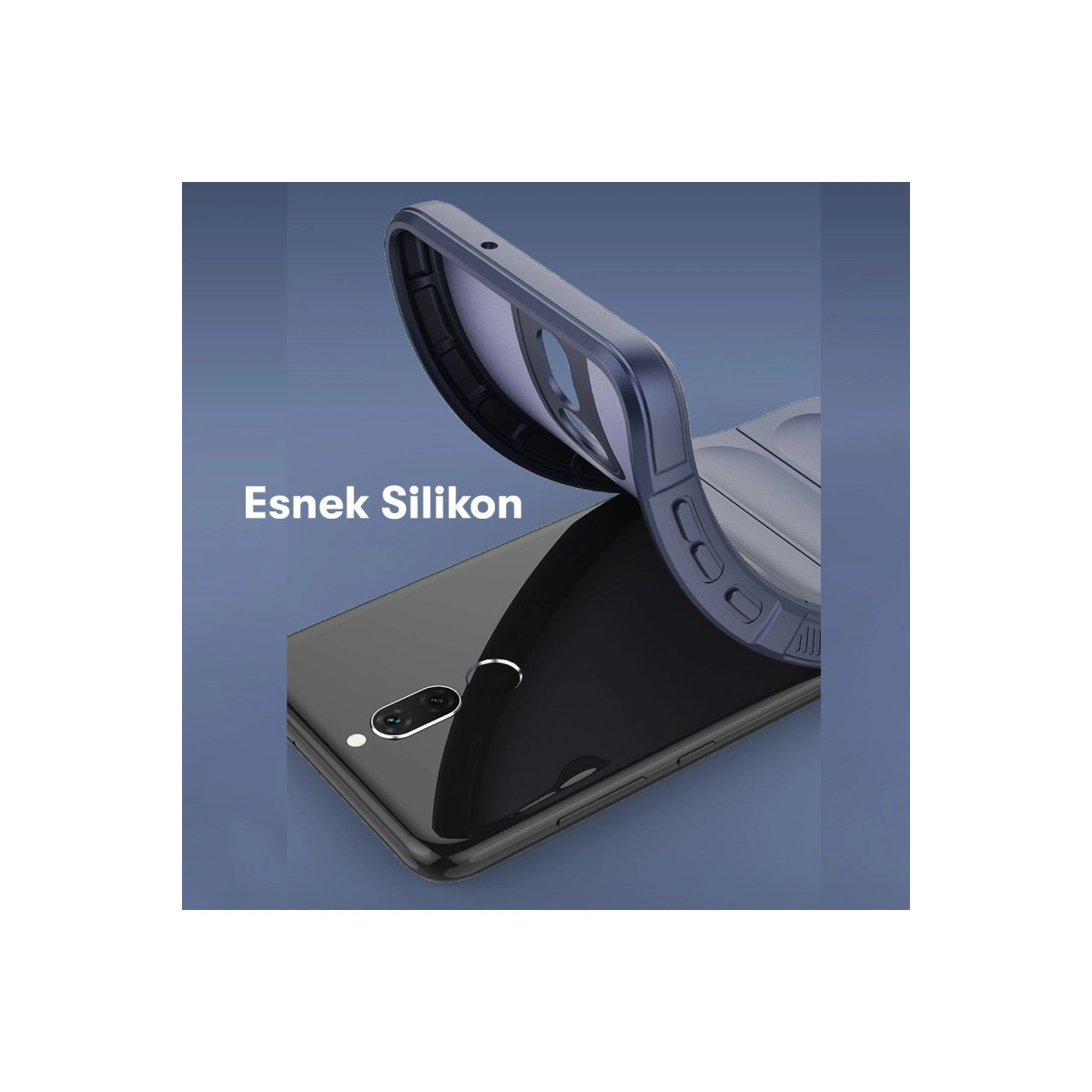Siyah cep telefonunda gösterilen mavi esnek silikon telefon kılıfı.