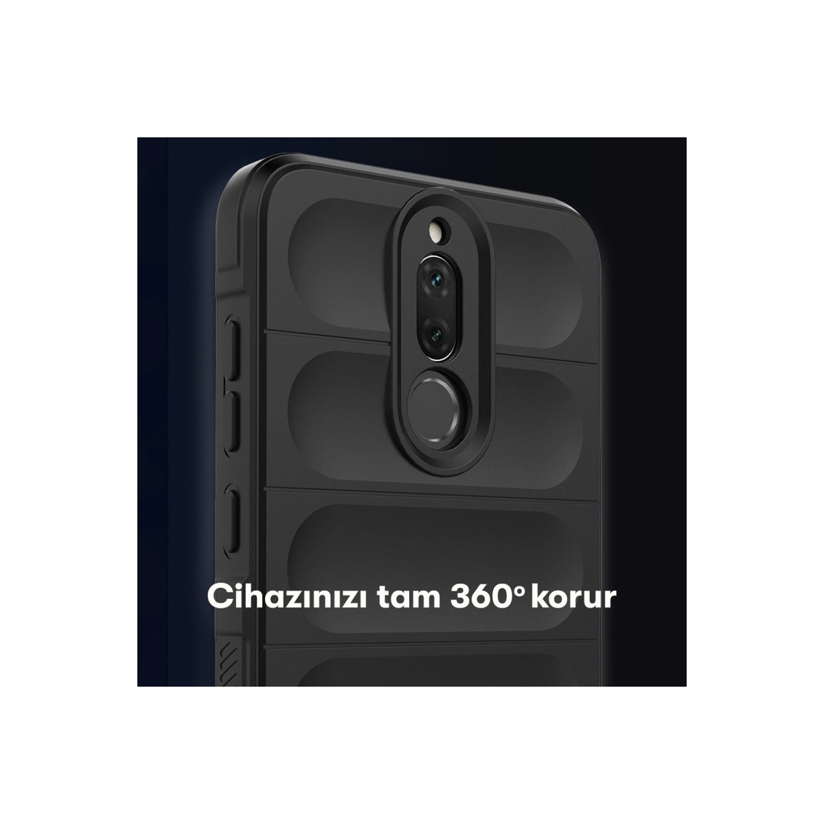 Dokuya sahip siyah telefon kılıfı ve kamera yuvası. Metin: Cihazınızı 360° korur.