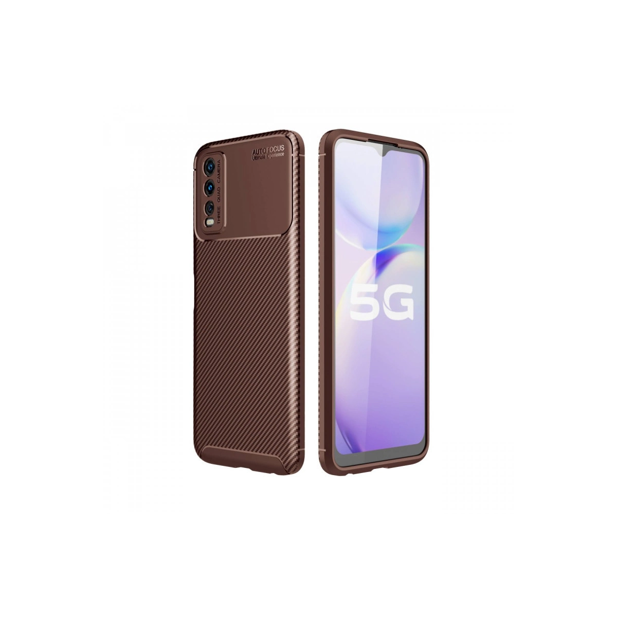 5G gösteren bir akıllı telefonun yanında kahverengi karbon desenli kılıf.