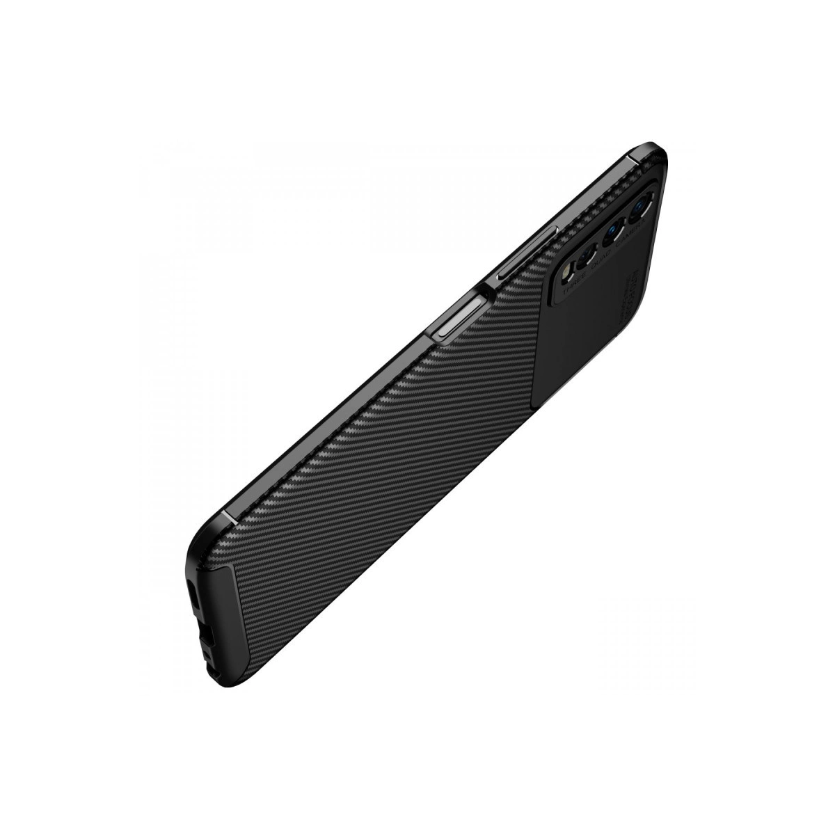 Karbon fiber desenli ve kamera kesimli siyah telefon kılıfı.