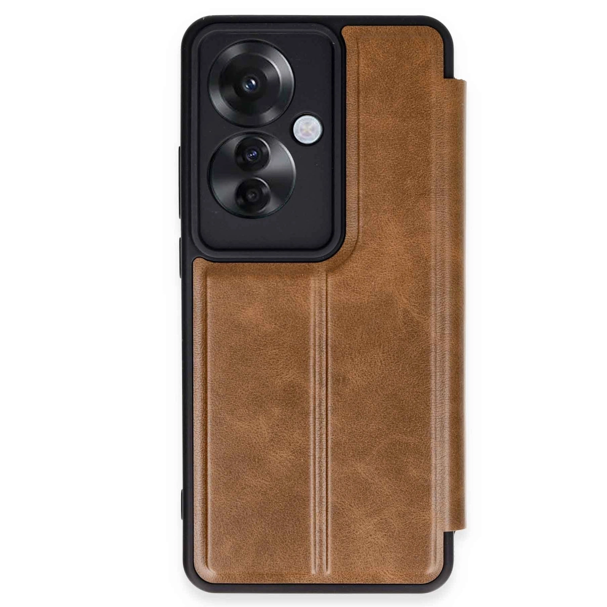 Kamera modülüne sahip kahverengi deri telefon kılıfı.