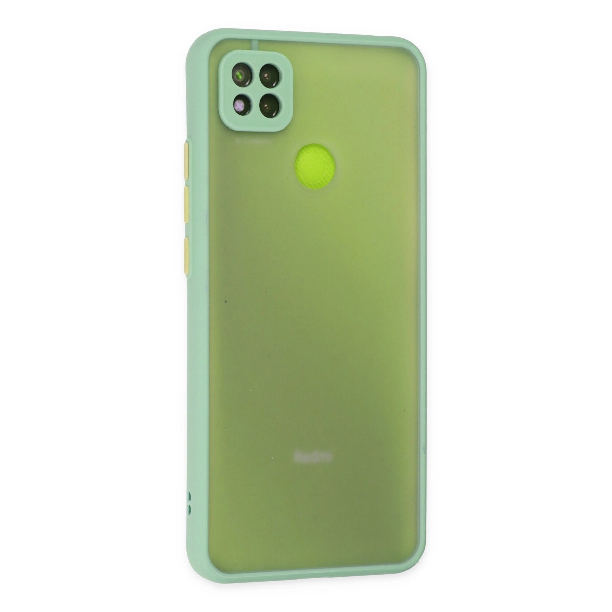 Dört kamera lensi ve yuvarlak parmak izi sensörlü yeşil telefon kılıfı.