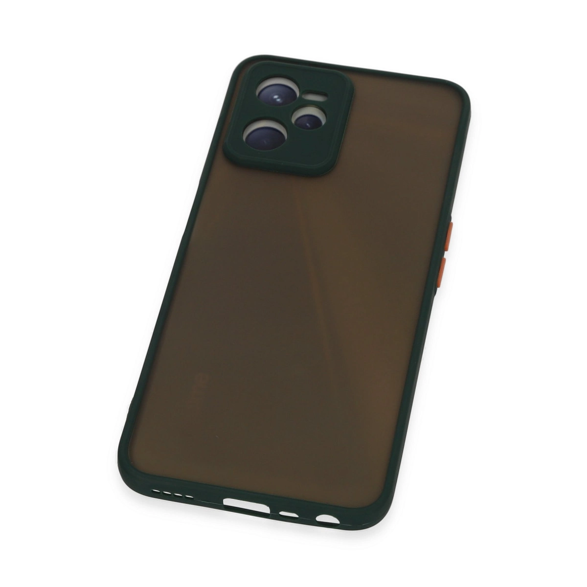 Koyu yeşil kamera çerçeveli, turuncu düğmeli, koyu kahverengi telefon kılıfı.