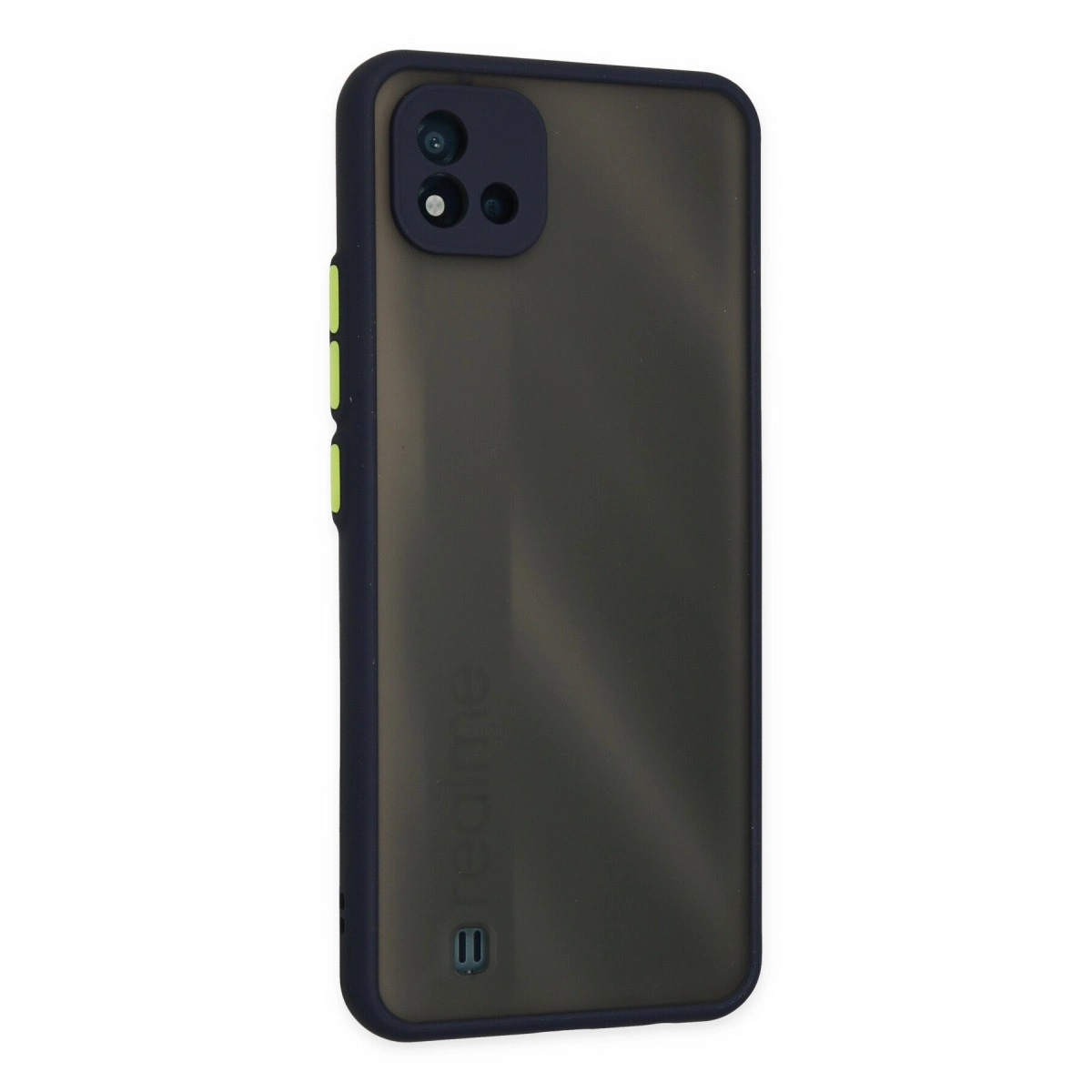 İki kamera ve yeşil düğmeli koyu renkli telefon kılıfı. Realme logosu görünür durumdadır.