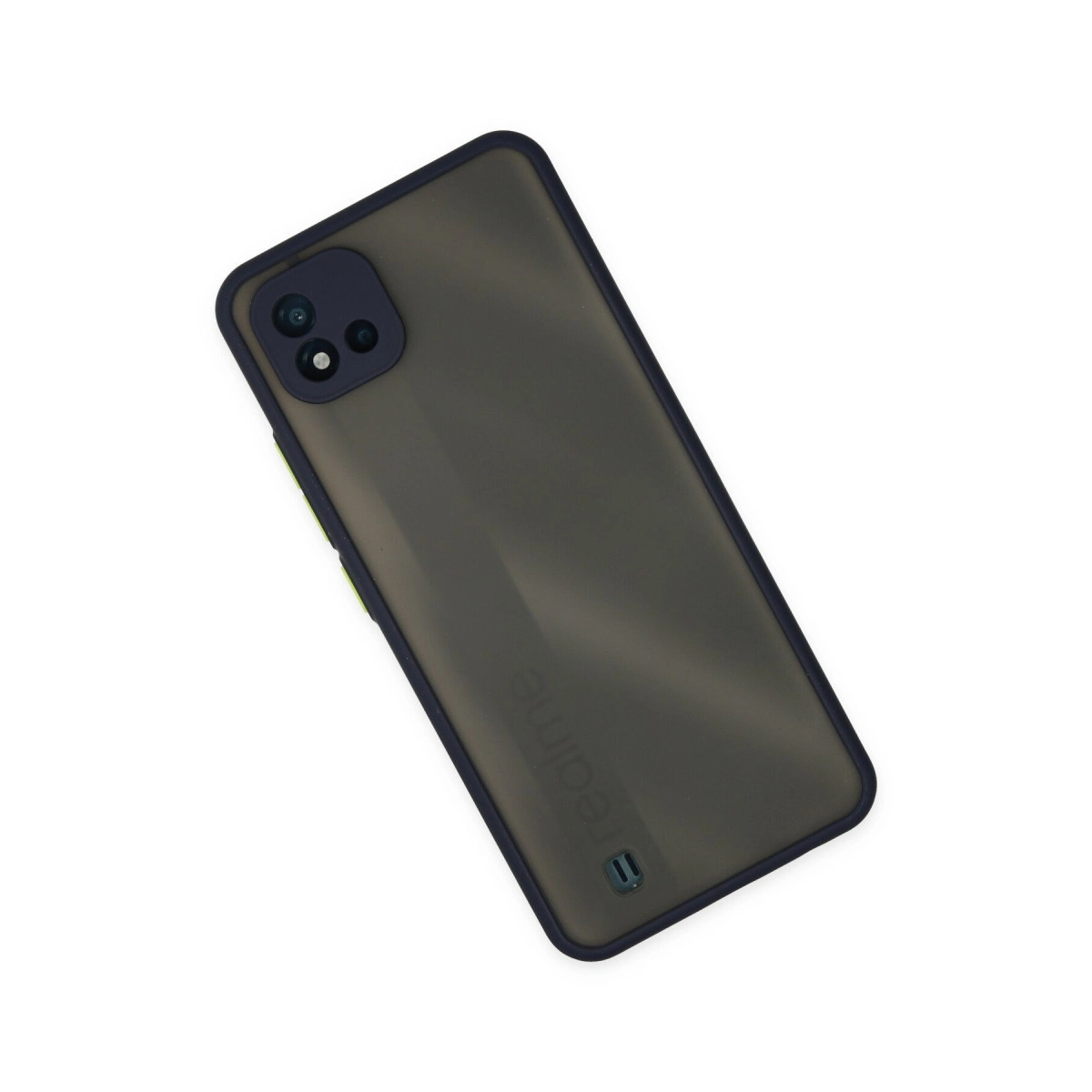 Siyah kenarlı ve kamera kesimli koyu gri telefon kılıfı.
