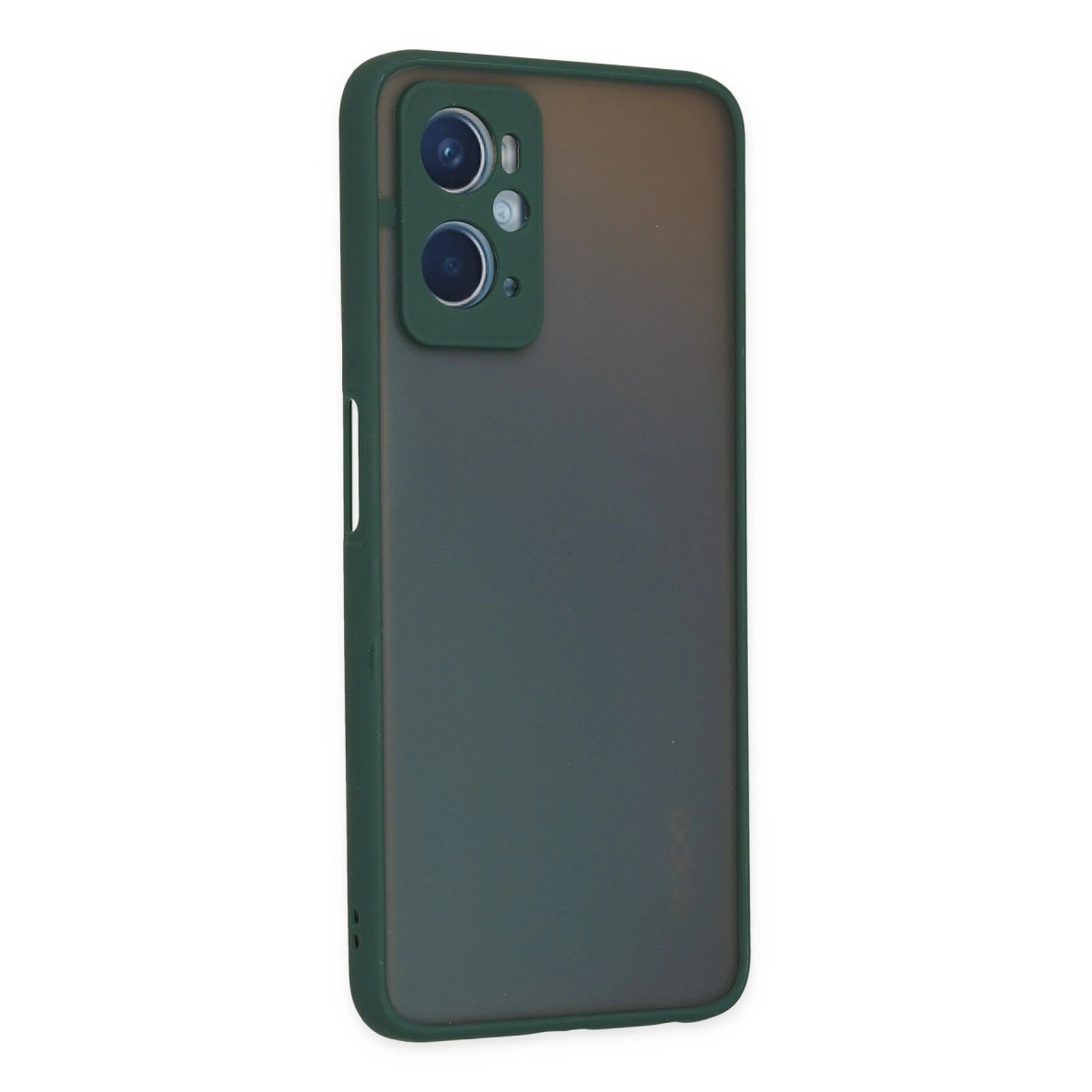 İki kamera lensli ve flaşlı koyu yeşil telefon kılıfı.
