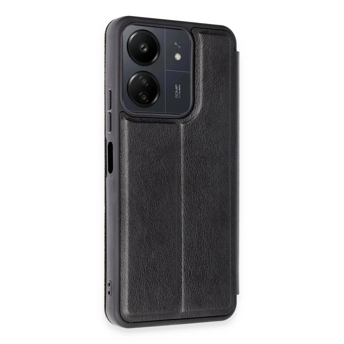 İki kameralı, dikey dikişli siyah telefon kılıfı.