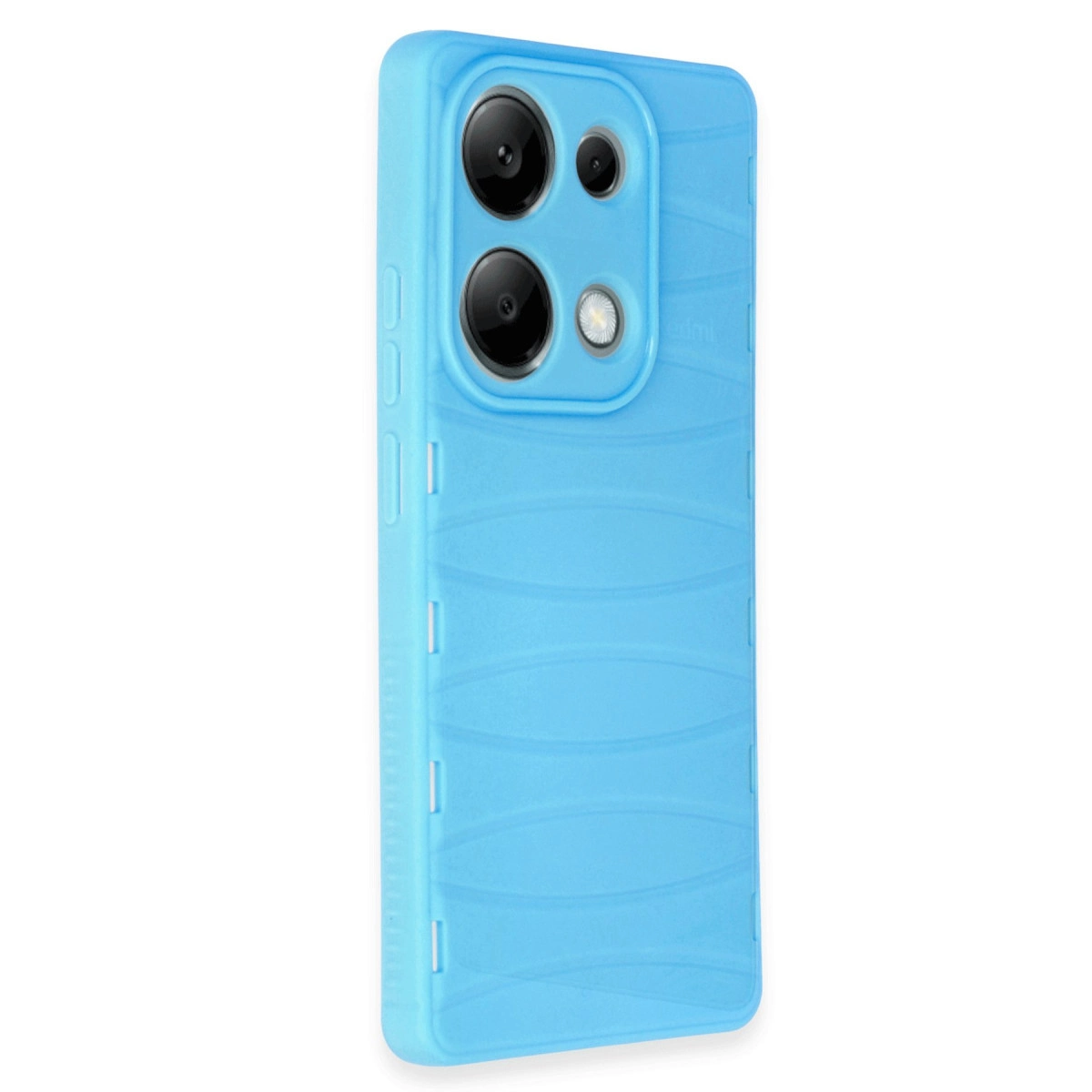 Dalgalı desenli ve kamera kesimli açık mavi telefon kılıfı.