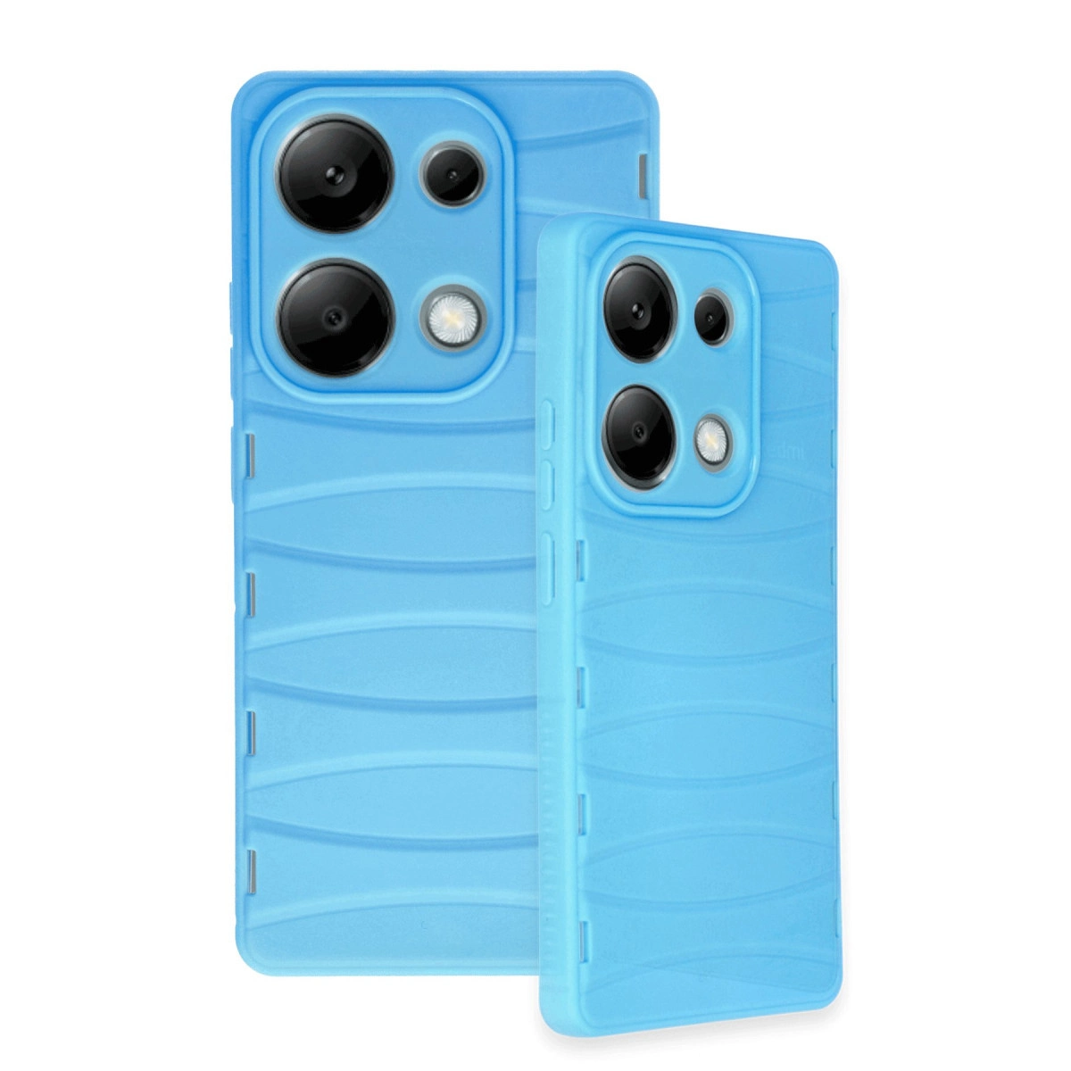 Dalga desenli ve kamera modüllü iki açık mavi telefon kılıfı.
