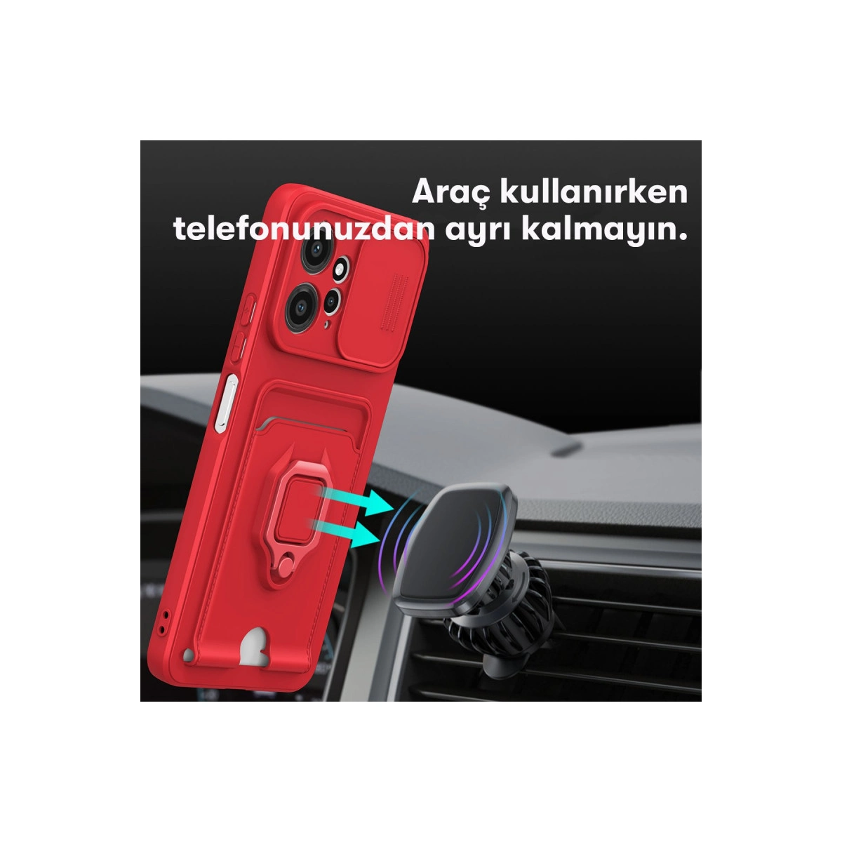 Kırmızı telefon kılıfı, araç havalandırma ızgarasına takılı.