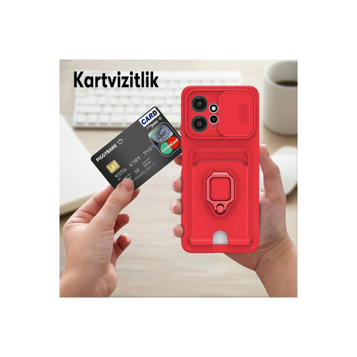 Kırmızı telefon kılıfı kart yuvası ve halka tutucu ile, kredi kartı tutar.