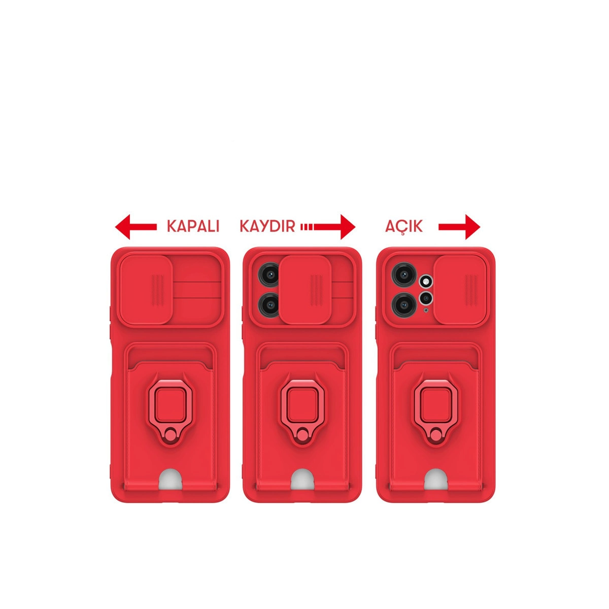 Kapalı, kayan ve açık kamera kapaklarını gösteren üç kırmızı telefon kılıfı.