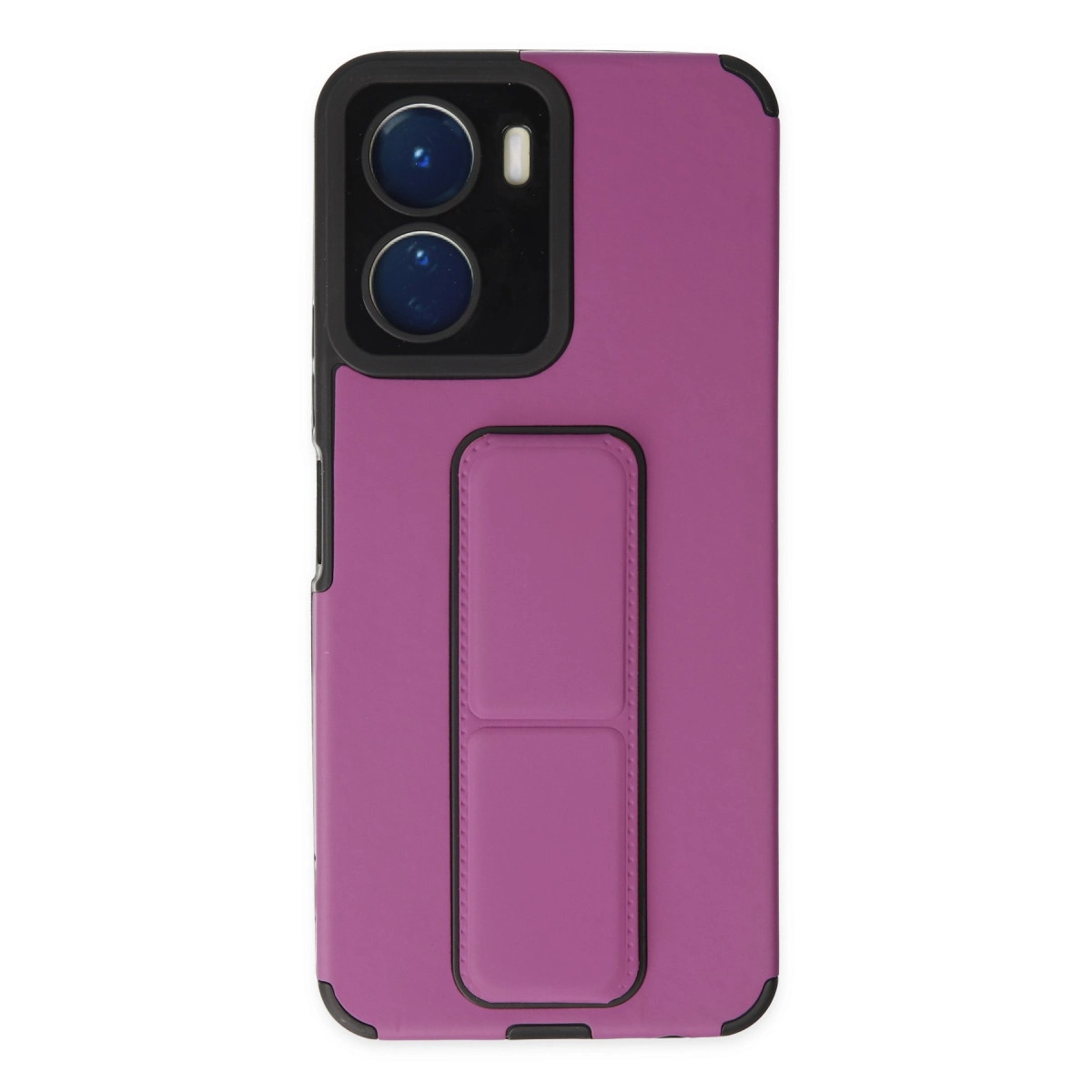 İki kameralı ve entegre stantlı mor telefon kılıfı.