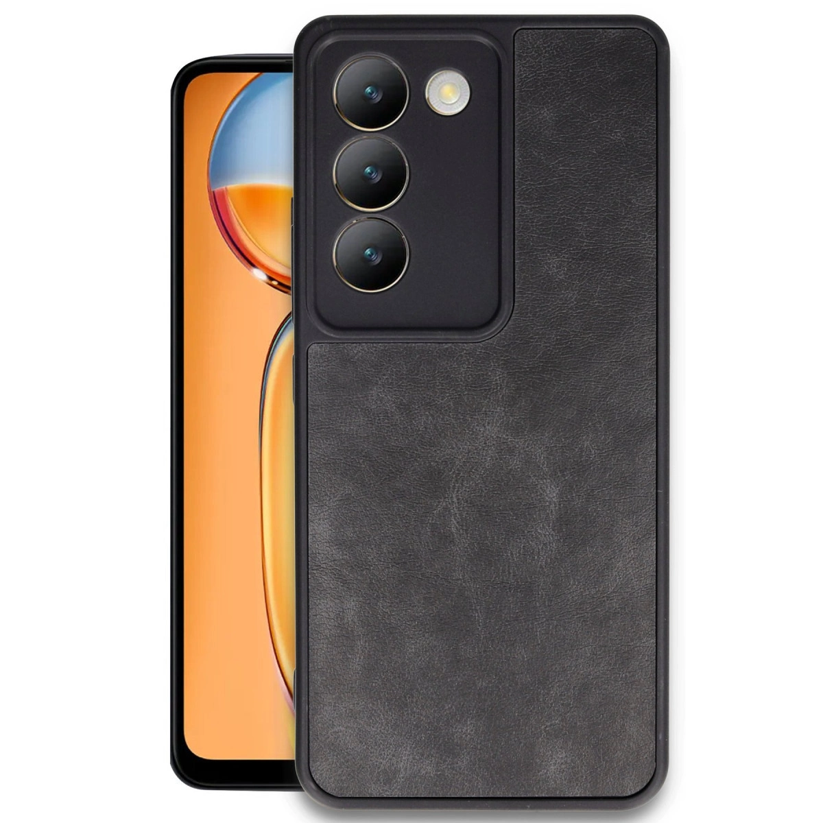 Arkada üç kamera ve flaşlı, deri görünümlü kılıflı siyah telefon.