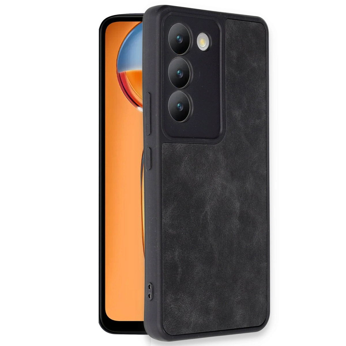Siyah deri kılıflı siyah akıllı telefon. Arkada üç kamera.