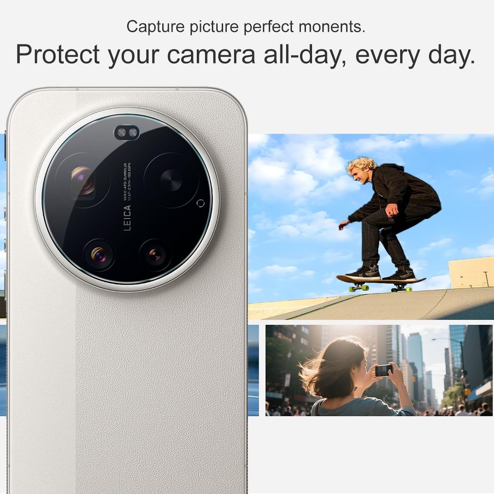 Fotocamera smartphone accanto a immagini di uno skateboarder e una donna che scatta foto.