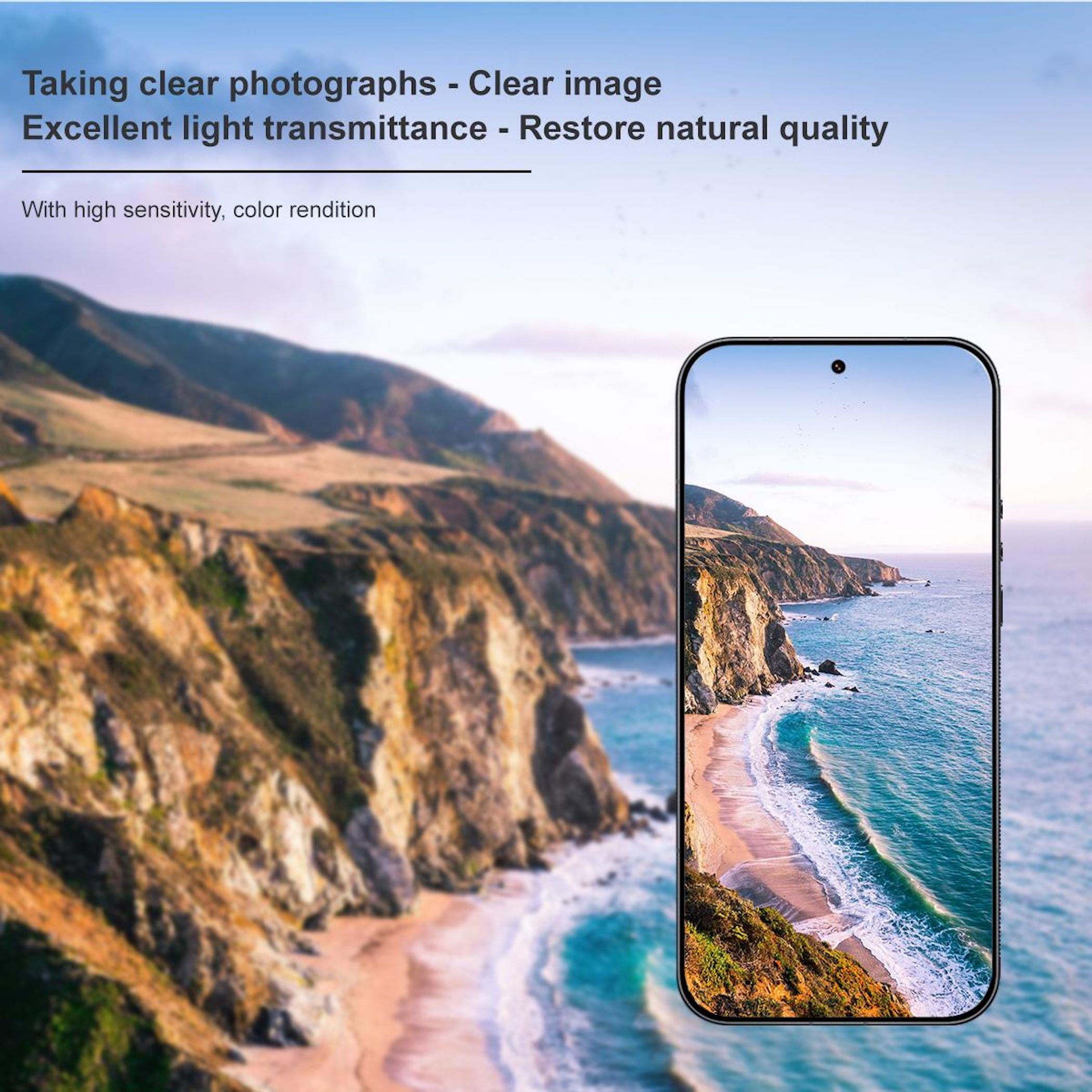 Uno smartphone mostra un paesaggio costiero con onde e scogliere.