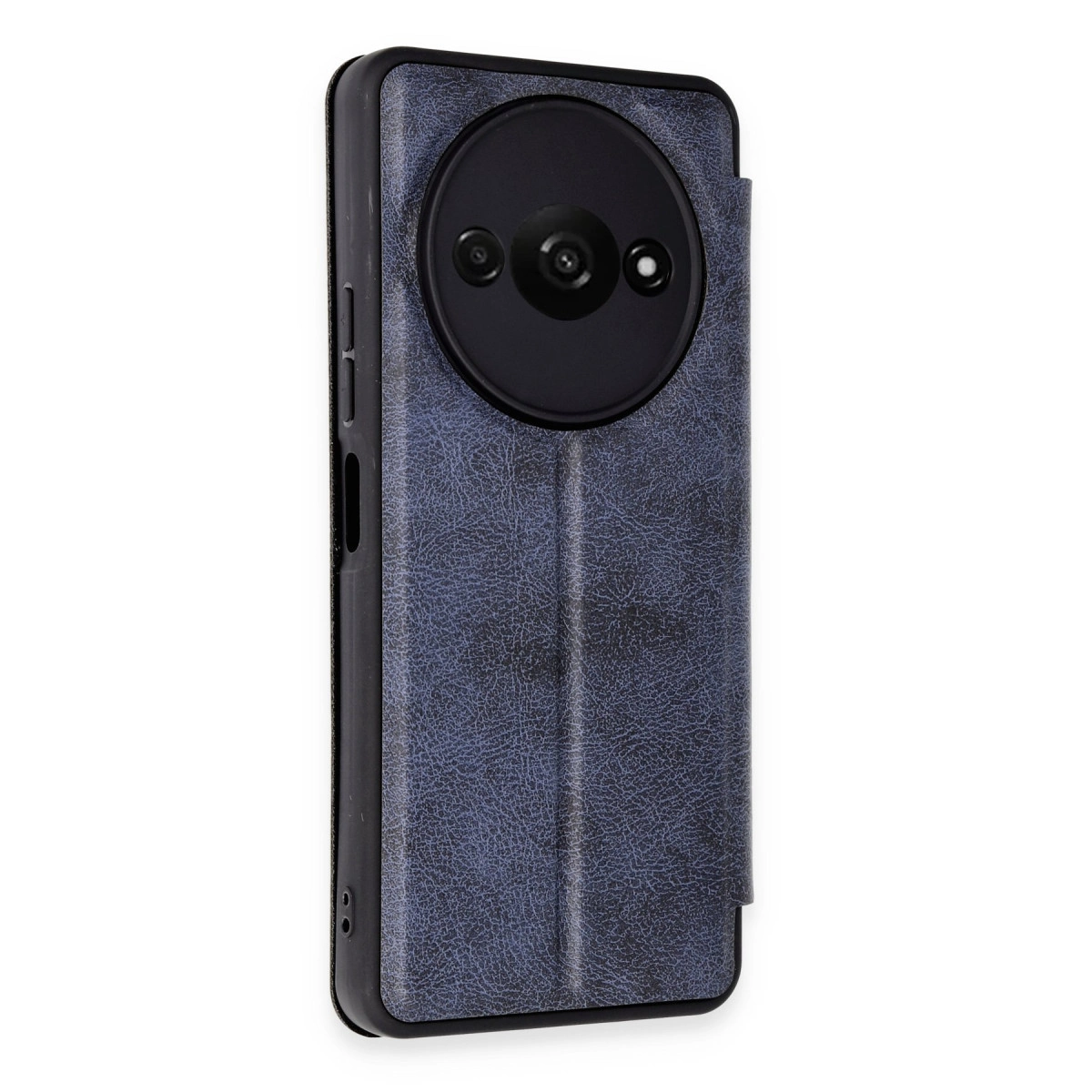 Doku görünümlü, yuvarlak kameralı, lacivert telefon kılıfı.