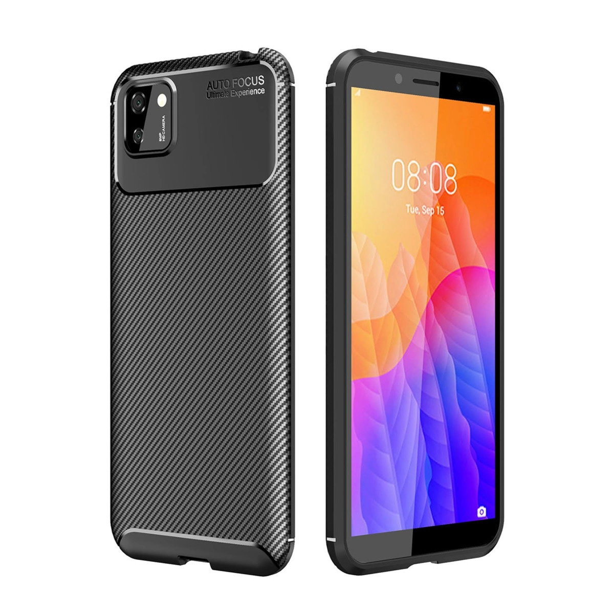 Karbon desenli siyah telefon kılıfı, renkli ekranlı bir akıllı telefonun yanında.