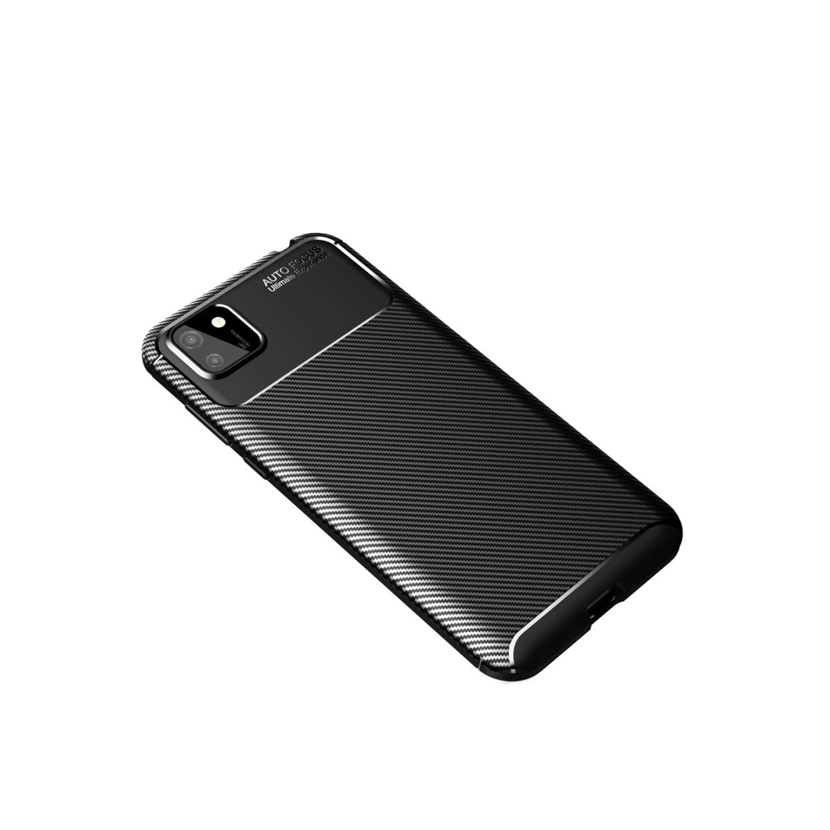 Karbon fiber desenli kılıflı siyah telefon ve kamera modülü.