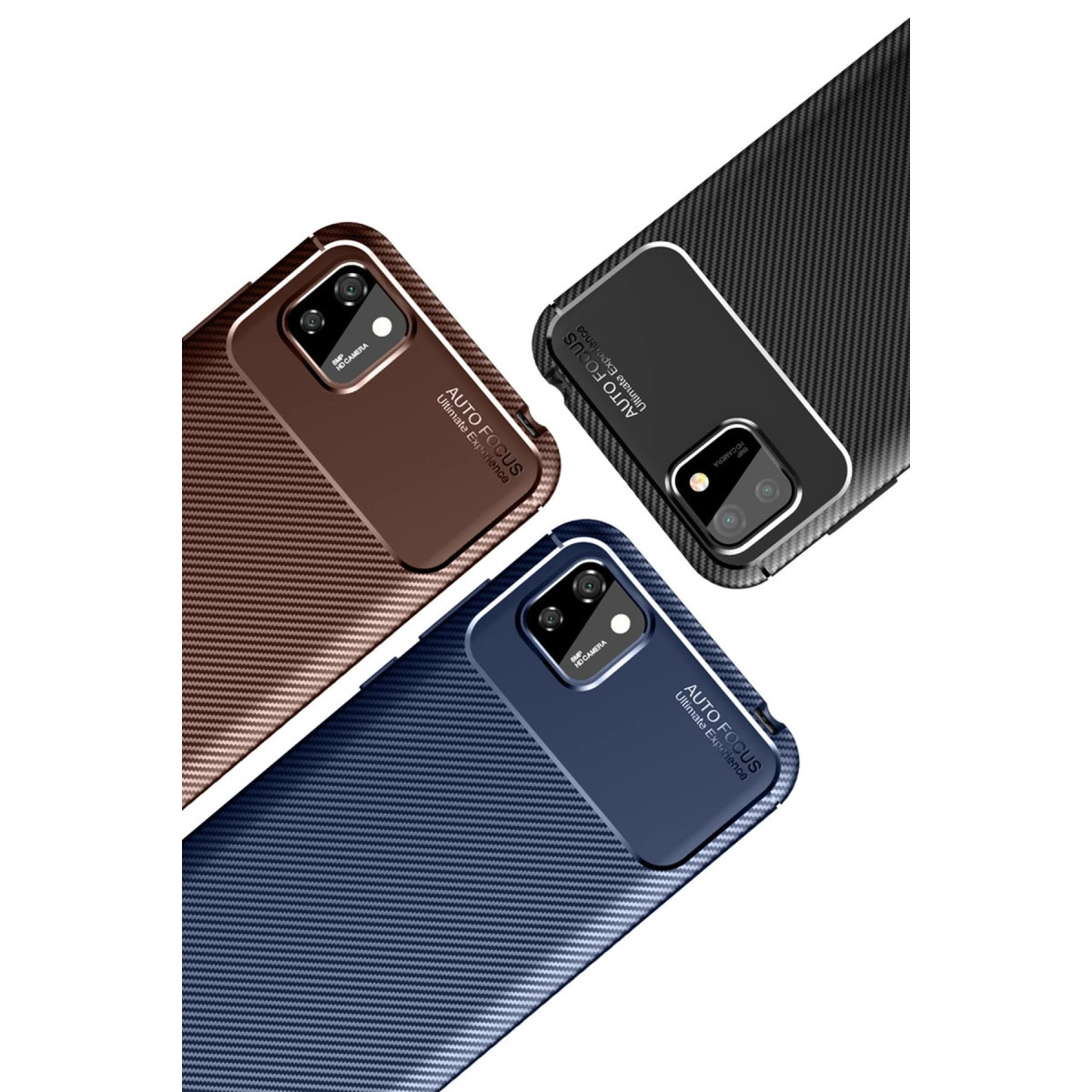 Karbon fiber dokulu, kahverengi, siyah ve mavi üç telefon kılıfı.