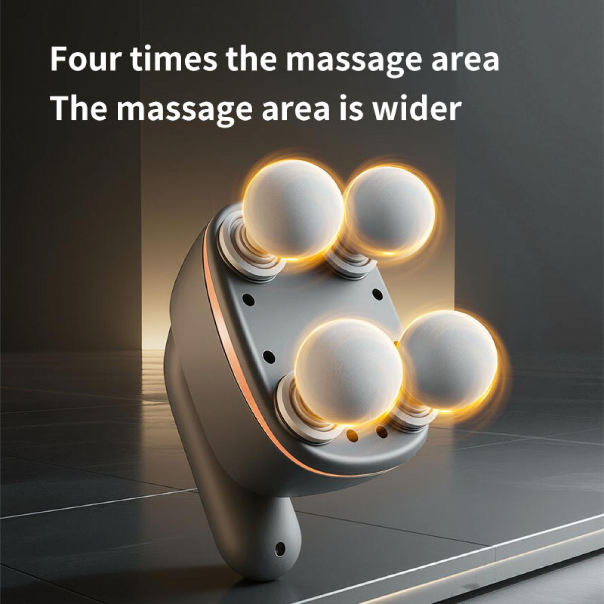 Ein dunkelgraues Massagegerät mit vier weißen, texturierten Kugeln, die ein sanftes orangefarbenes Leuchten abgeben.