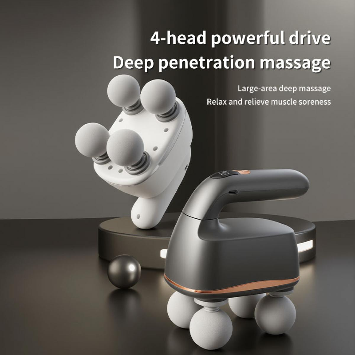 Zwei Massagegeräte: eins mit 4 Köpfen, eins mit 3 Kugeln, auf dunklem Hintergrund.
