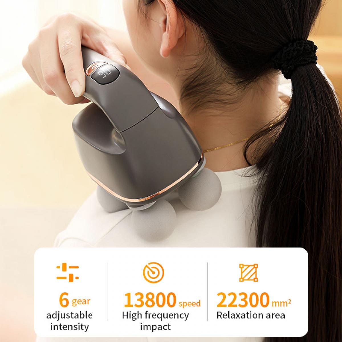 Eine Hand benutzt eine Massagepistole am Nacken einer Person. 6 Gänge, 13800 U/min.