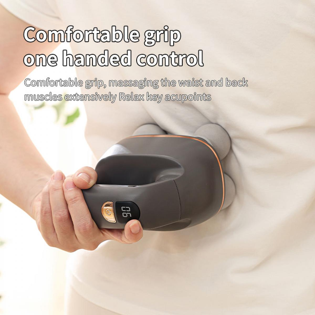 Eine Hand hält ein Massagegerät am Rücken. Es hat einen digitalen Bildschirm.