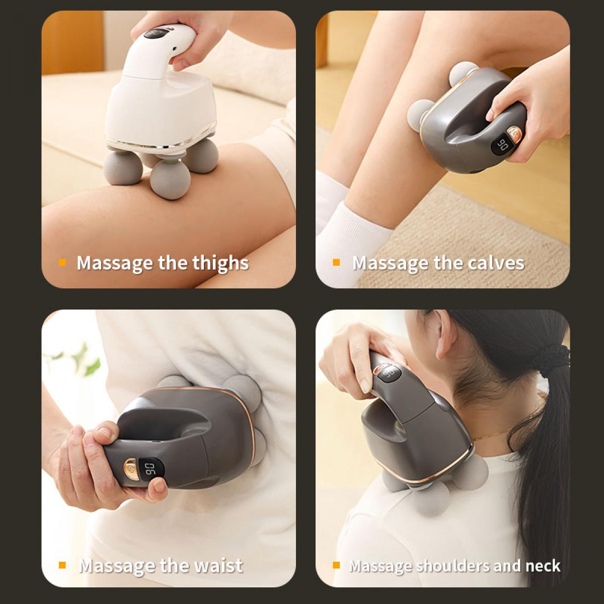Hand hält weißes Massagegerät an Oberschenkel. Dunkelgraues Gerät an Wade. Graues Gerät an Taille. Dunkles Gerät am Nacken.