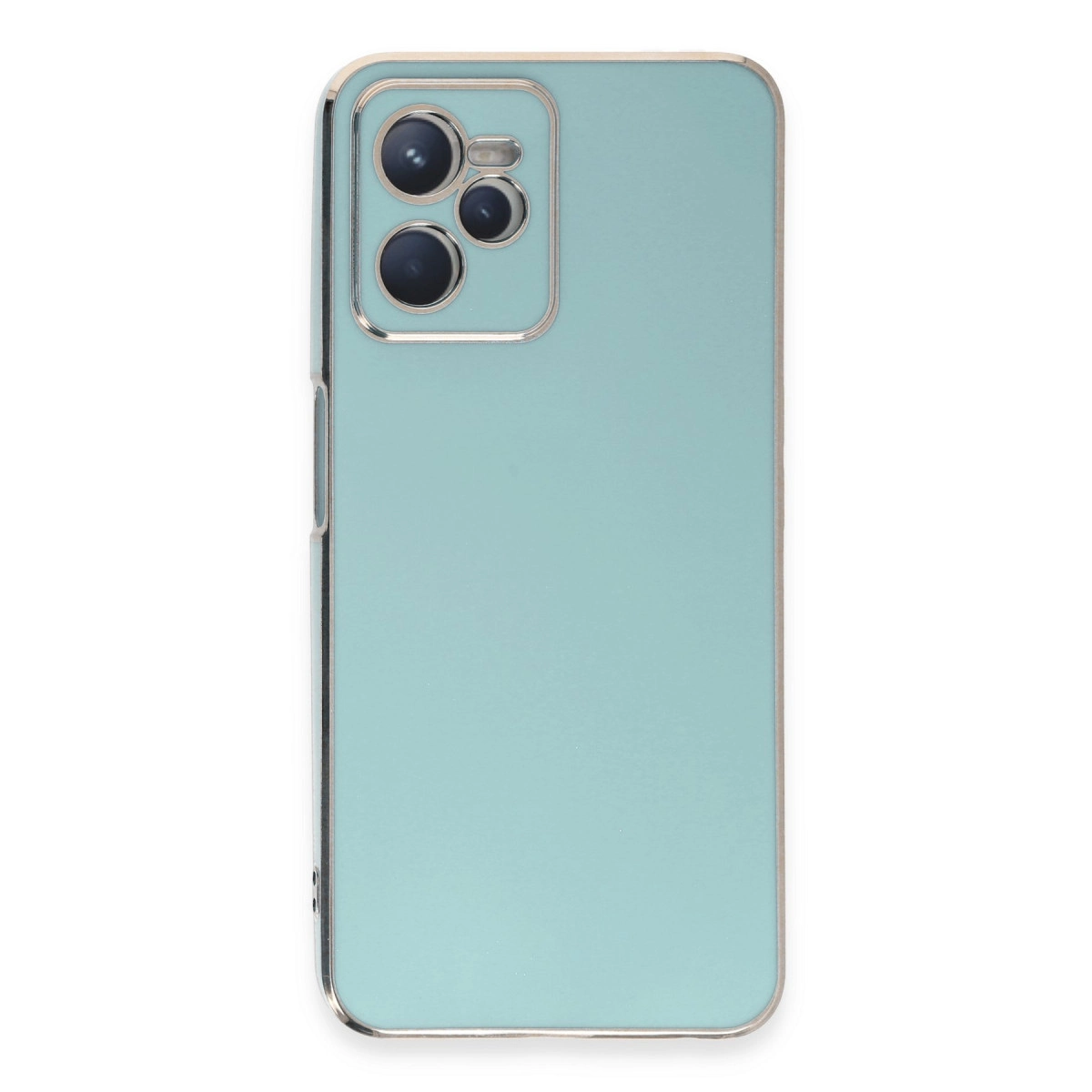 Gümüş çerçeveli, üç kamera lensli açık mavi bir telefon.