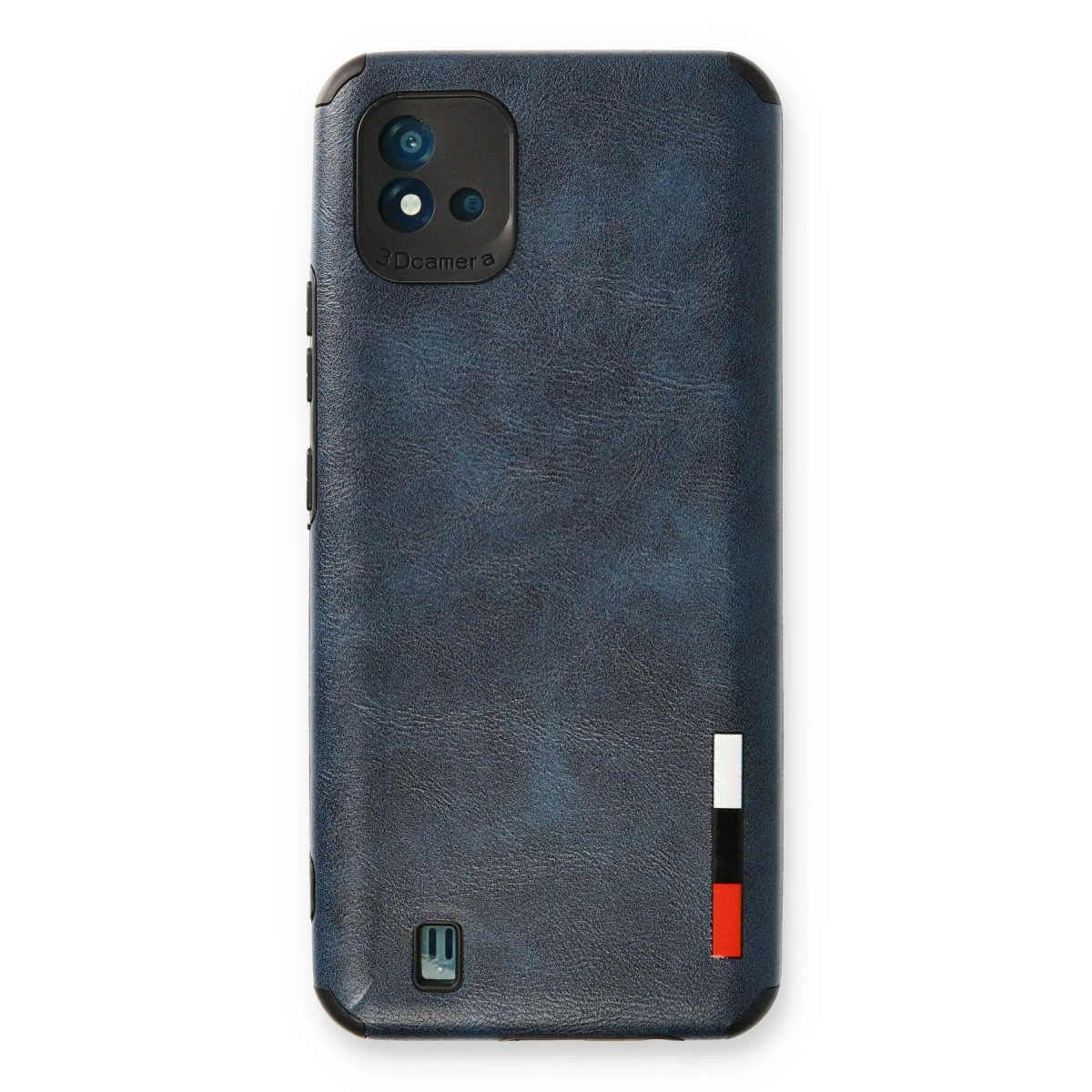 Kamera modüllü ve dikey şeritli lacivert telefon kılıfı.