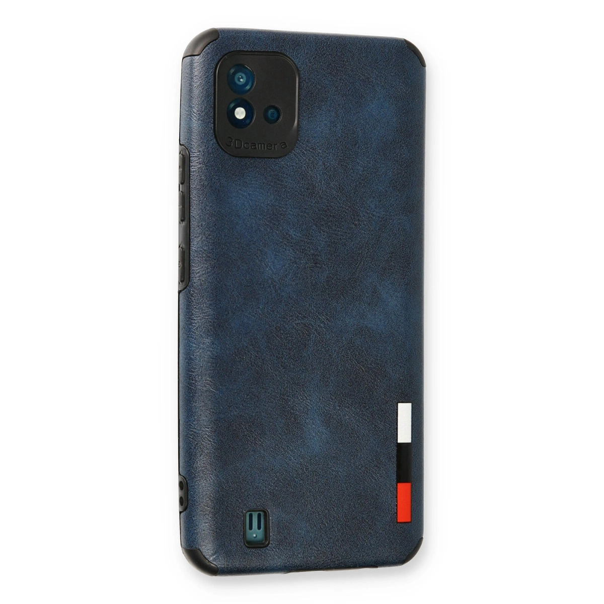 Kamera adacıklı ve şerit detaylı lacivert telefon kılıfı.