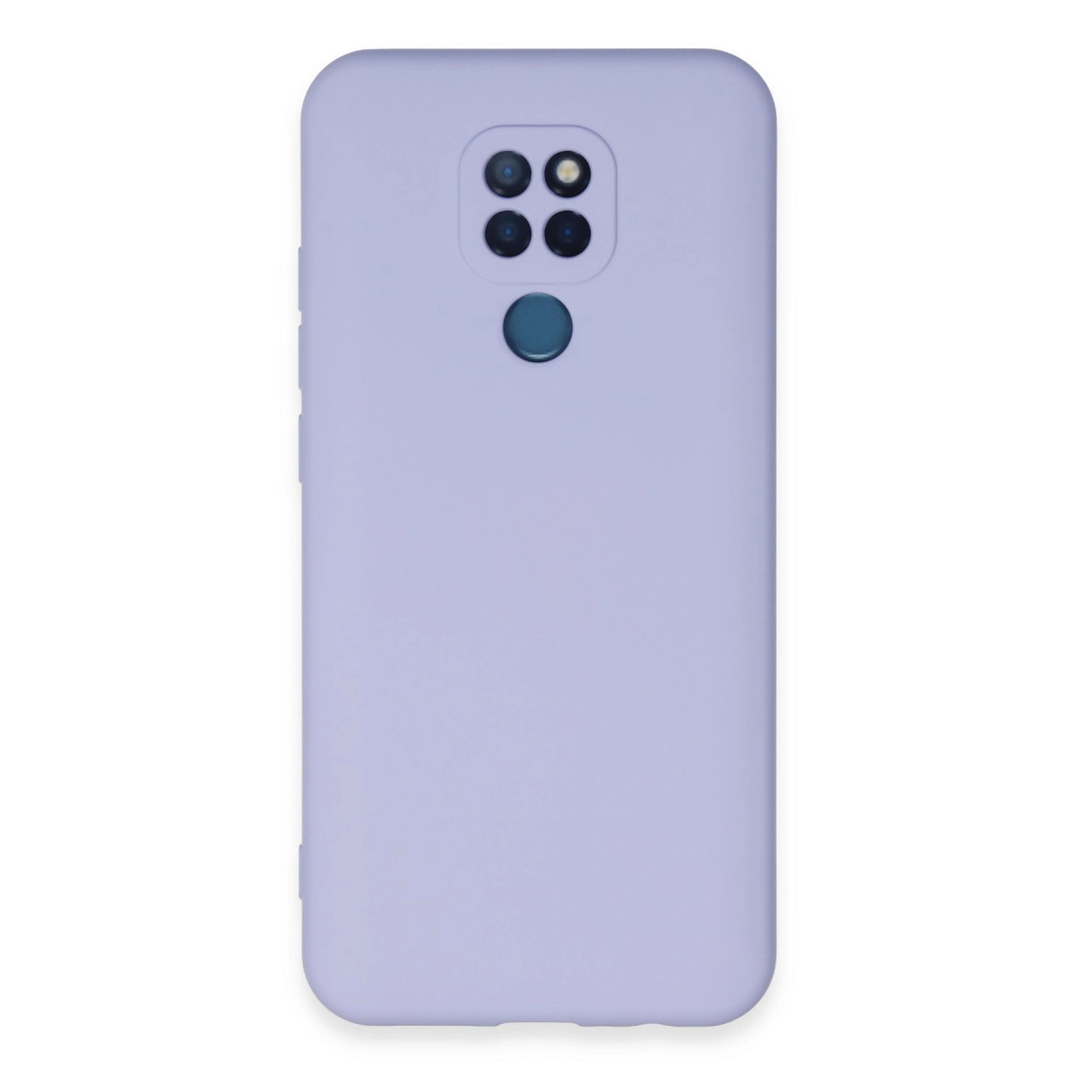 Dört kamera lensli ve parmak izi sensörlü lavanta rengi telefon kılıfı.
