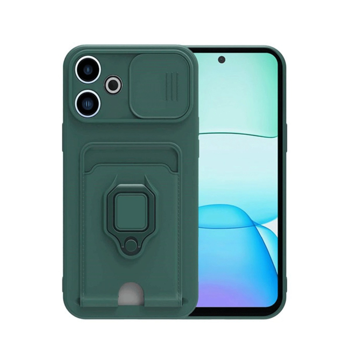 Kamera kapaklı, kart yuvalı, halka tutuculu koyu yeşil telefon kılıfı.