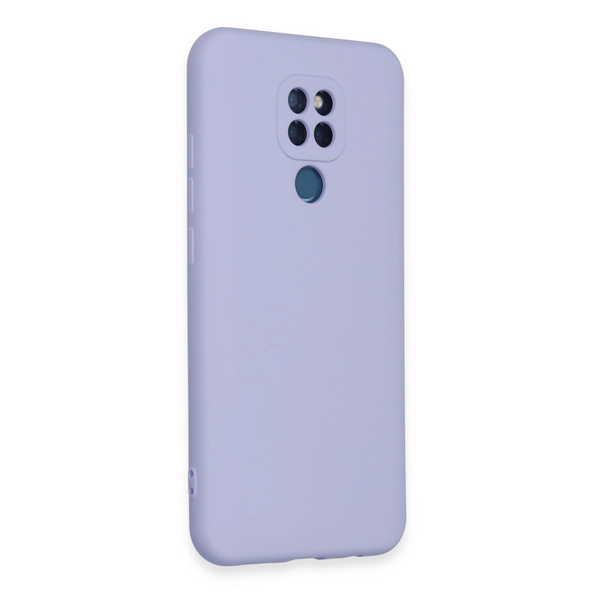 Dört kamera lensi ve parmak izi sensörlü açık mor telefon kılıfı.