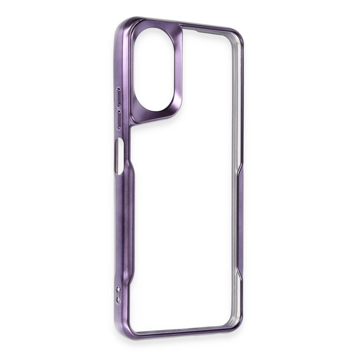 Şeffaf arka ve metal çerçeveli mor telefon kılıfı.