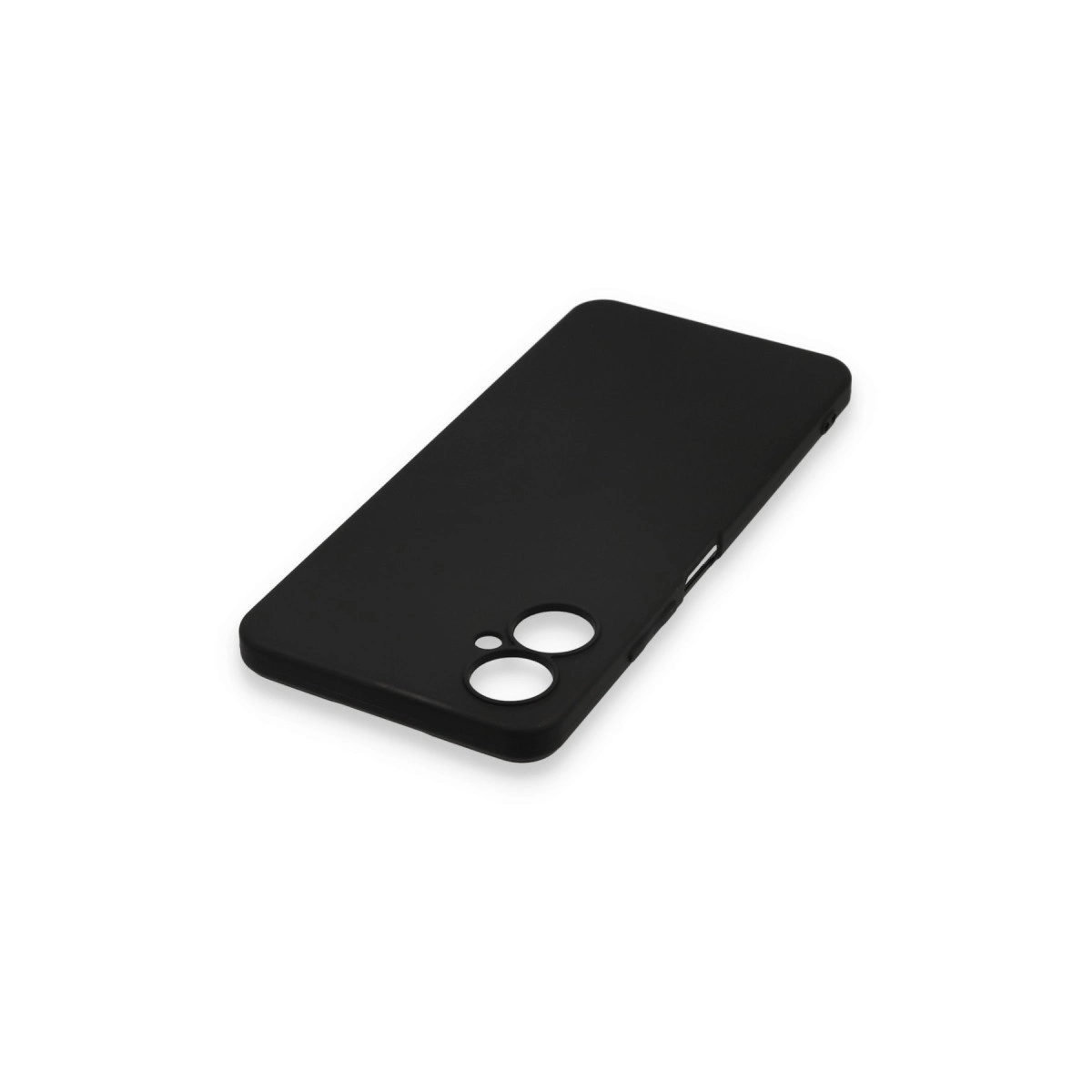 Beyaz arka plan üzerinde iki yuvarlak kamera kesimli siyah telefon kılıfı.
