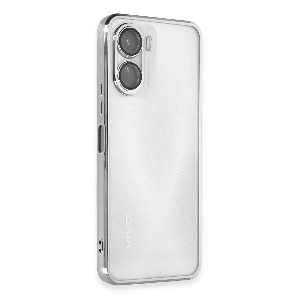 Gümüş çerçeveli, iki kameralı beyaz akıllı telefon, VIVO logosu.