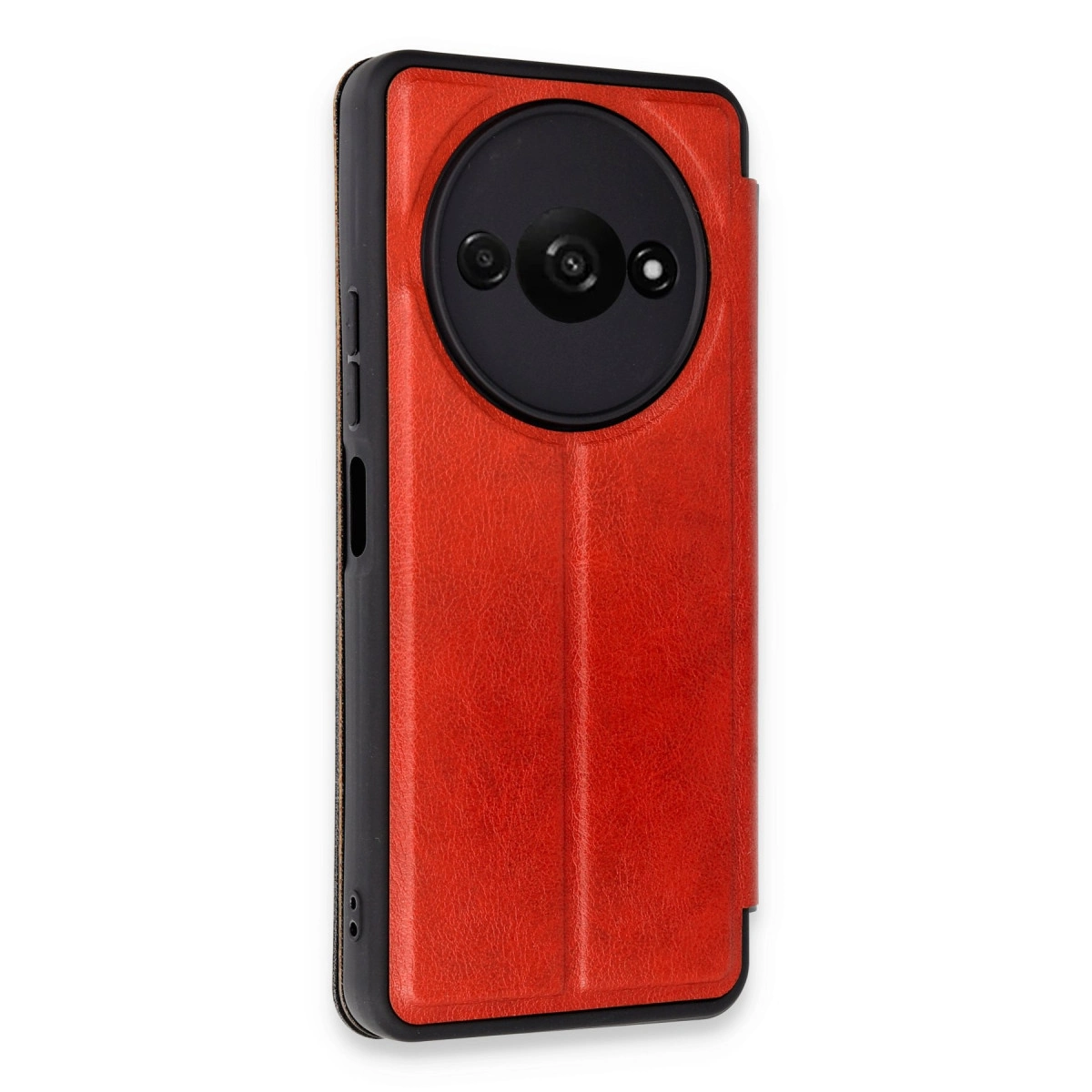 İki lensli siyah kamera modülüne sahip kırmızı telefon kılıfı.