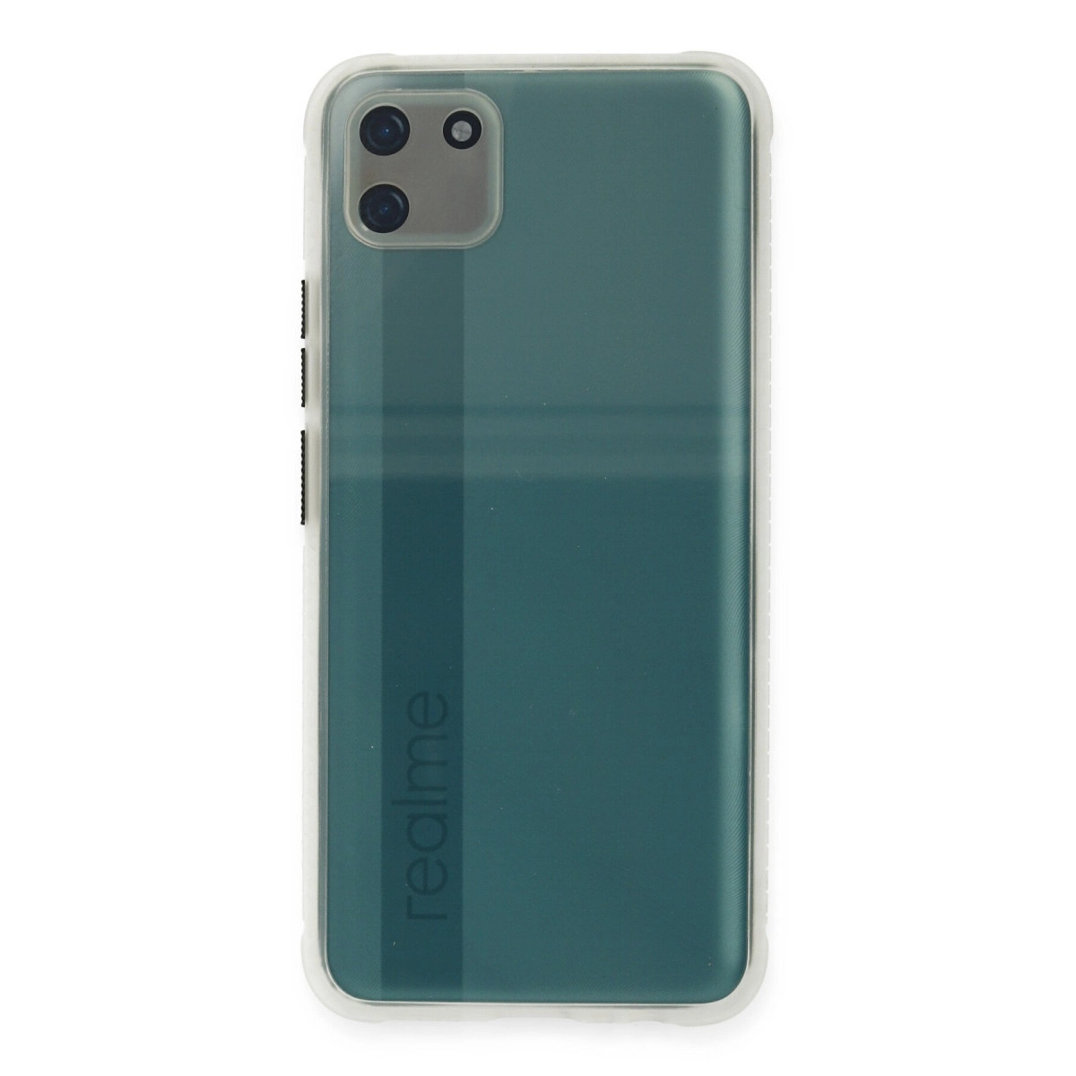 İki kameralı, Realme logolu koyu yeşil telefonun arkası.