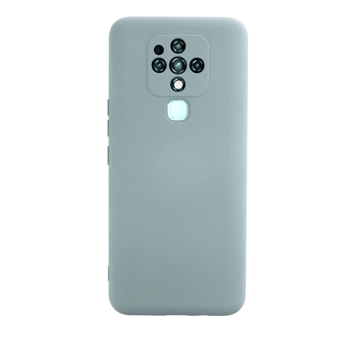 Beş lensli ve flaşlı kare kamera modülüne sahip gri telefon kılıfı.