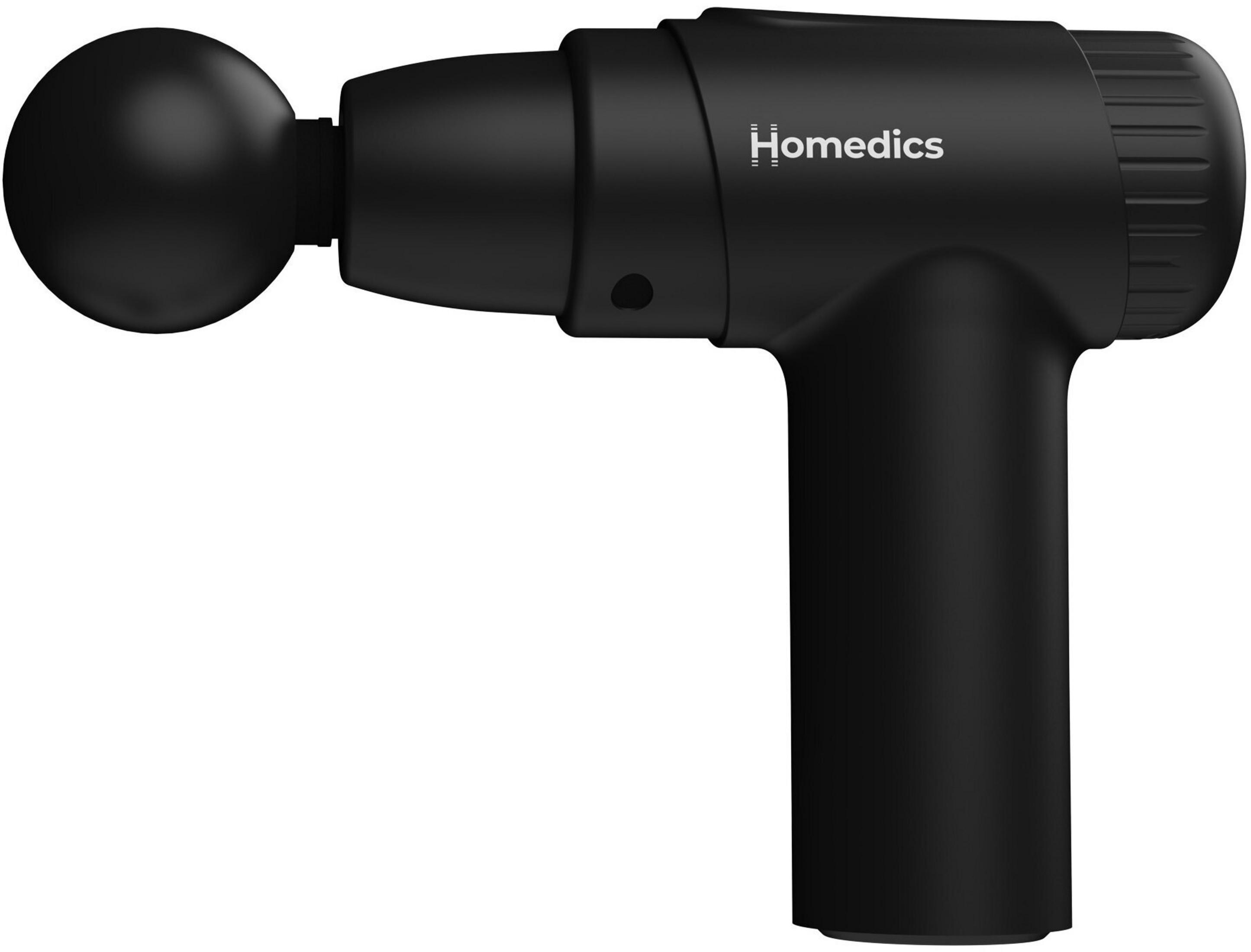 Pistola massaggiante nera con accessorio rotondo e logo Homedics.
