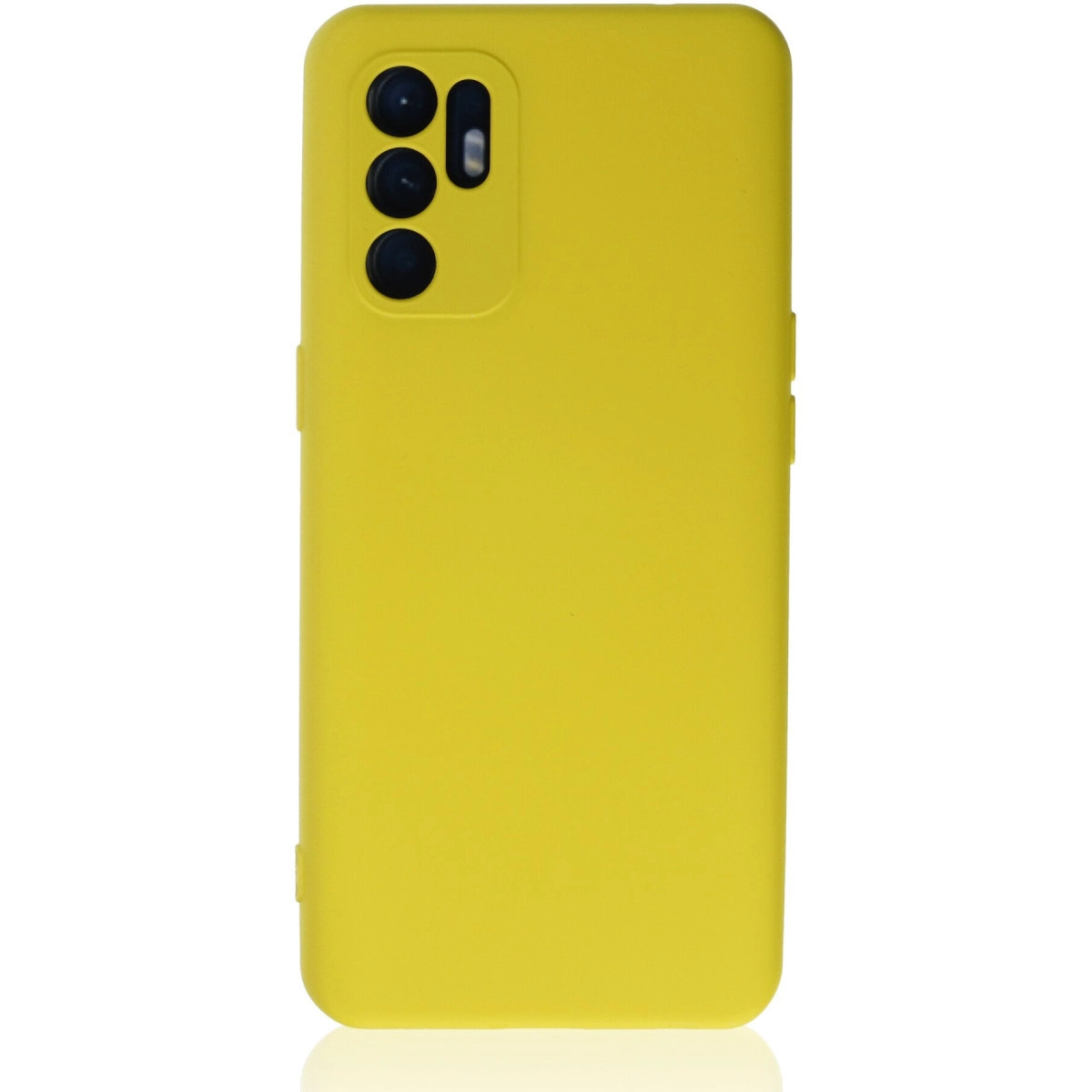 Arkada üçlü lensli kamera modülü ve flaşlı sarı telefon kılıfı.
