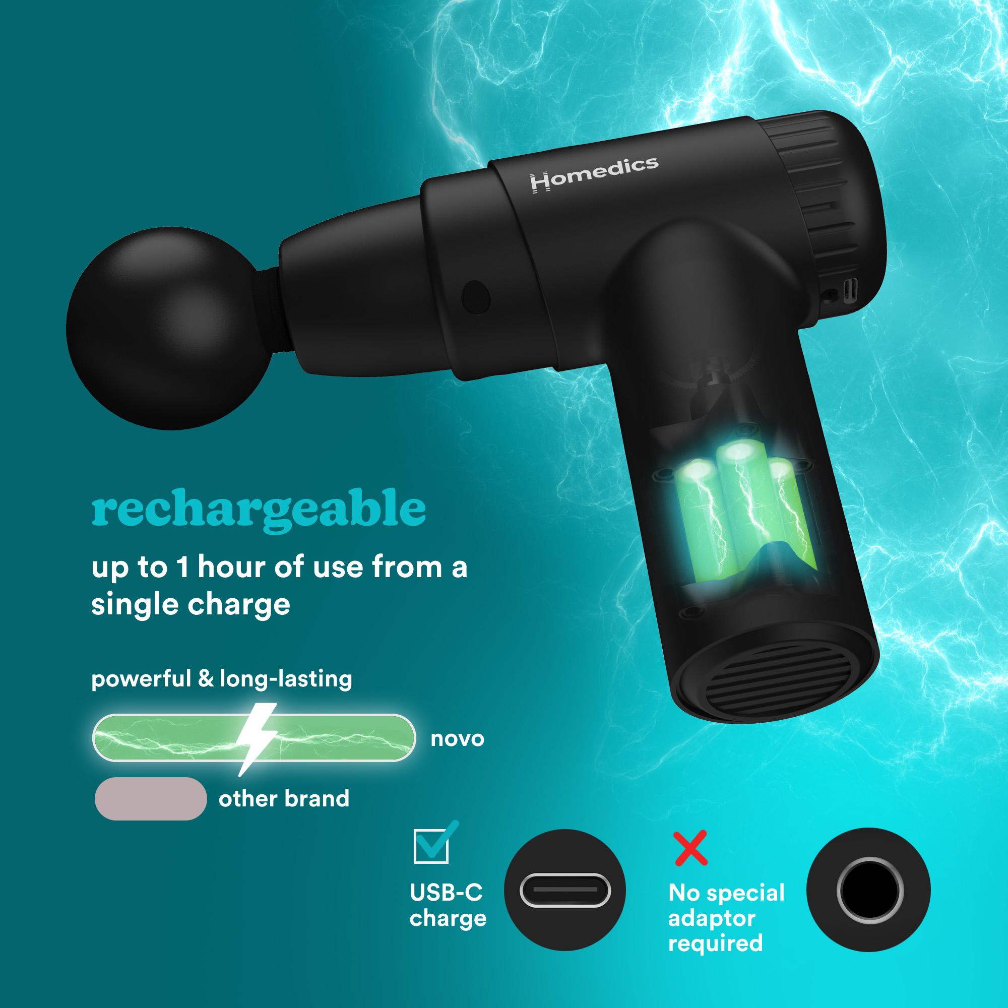 Schwarzer Massagepistole mit leuchtenden Batterien, USB-C-Ladung.