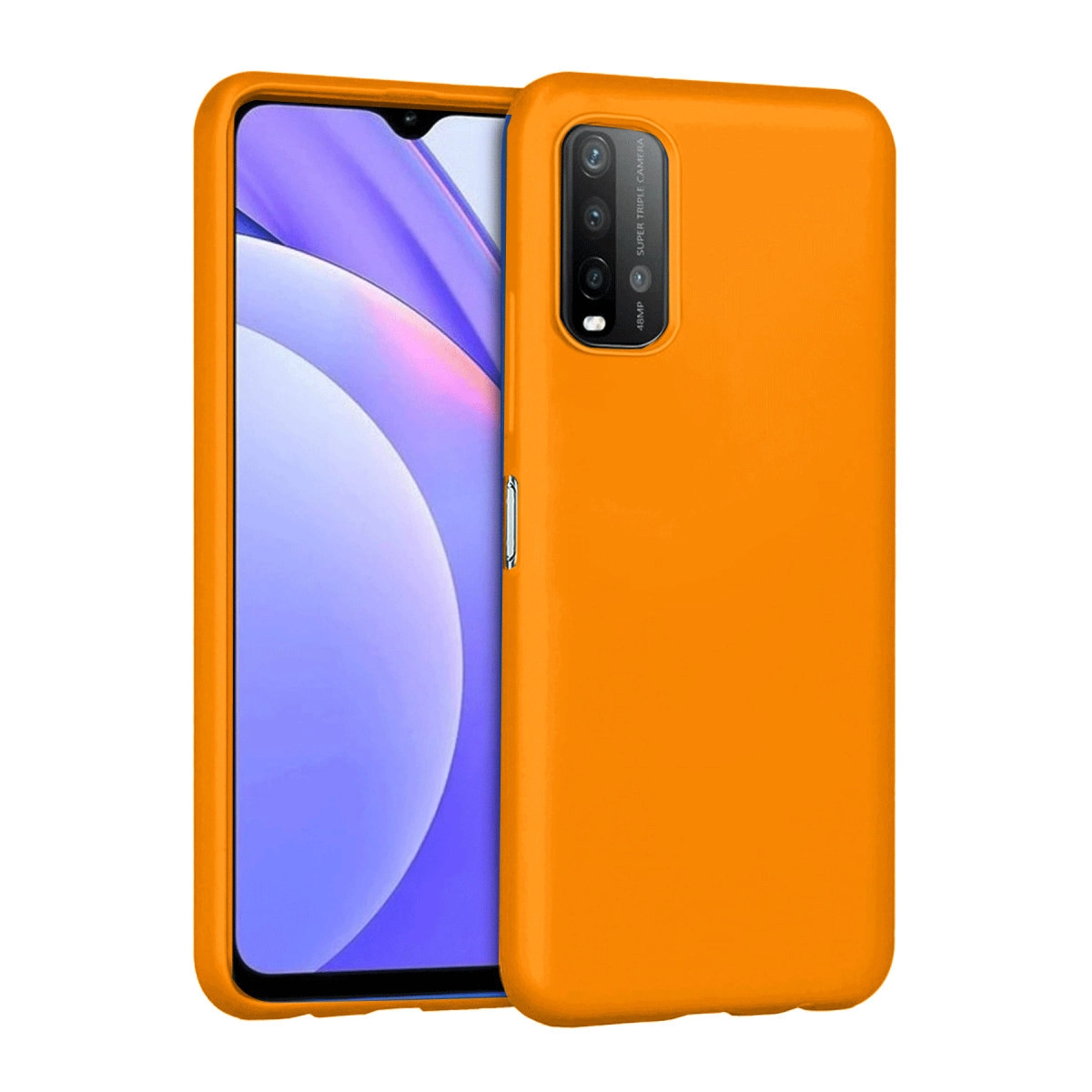 Beyaz arka plan üzerinde üçlü kameraya sahip turuncu telefon kılıfı.