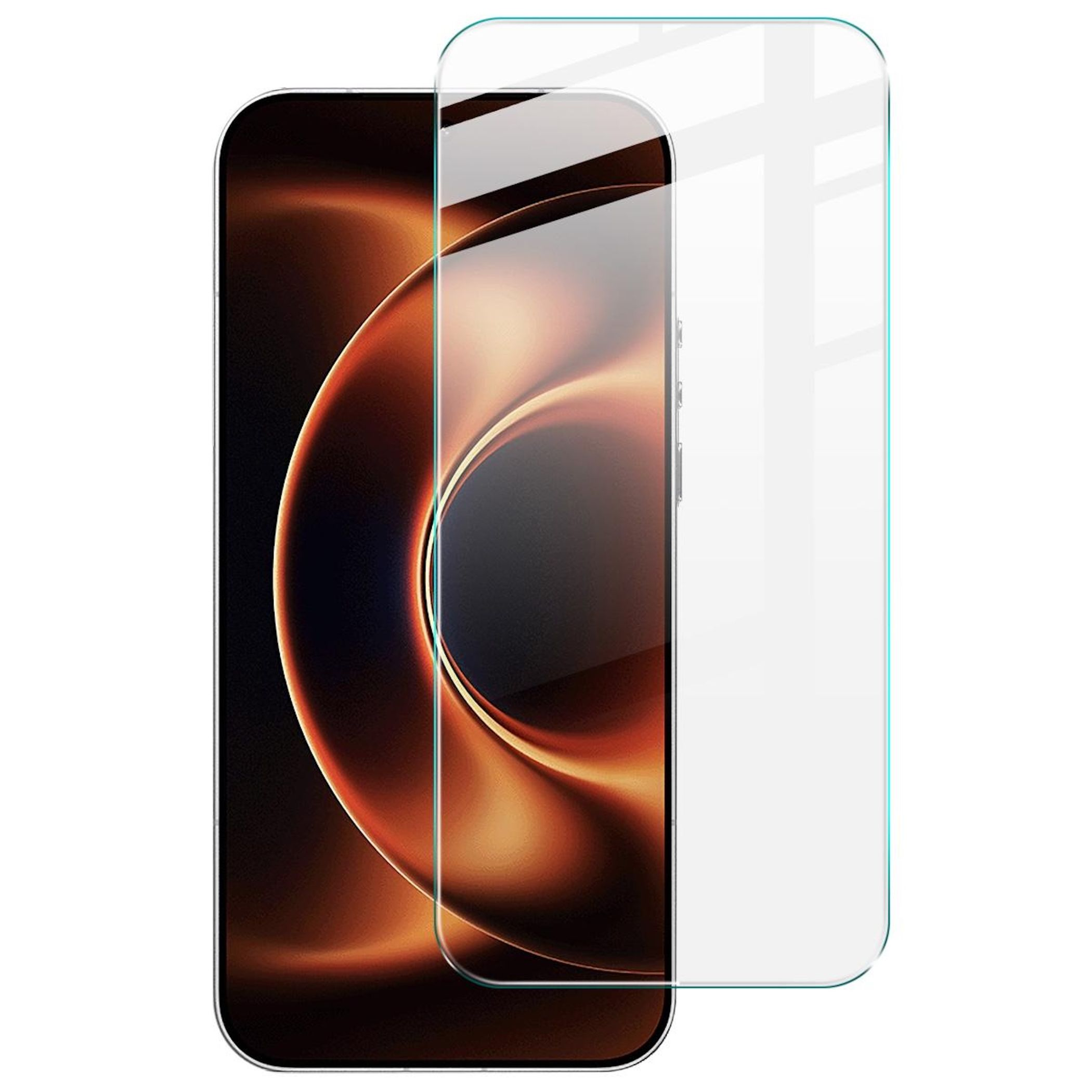 Ein Smartphone-Displayschutz aus Glas liegt auf einem Smartphone mit dunklem Hintergrund.