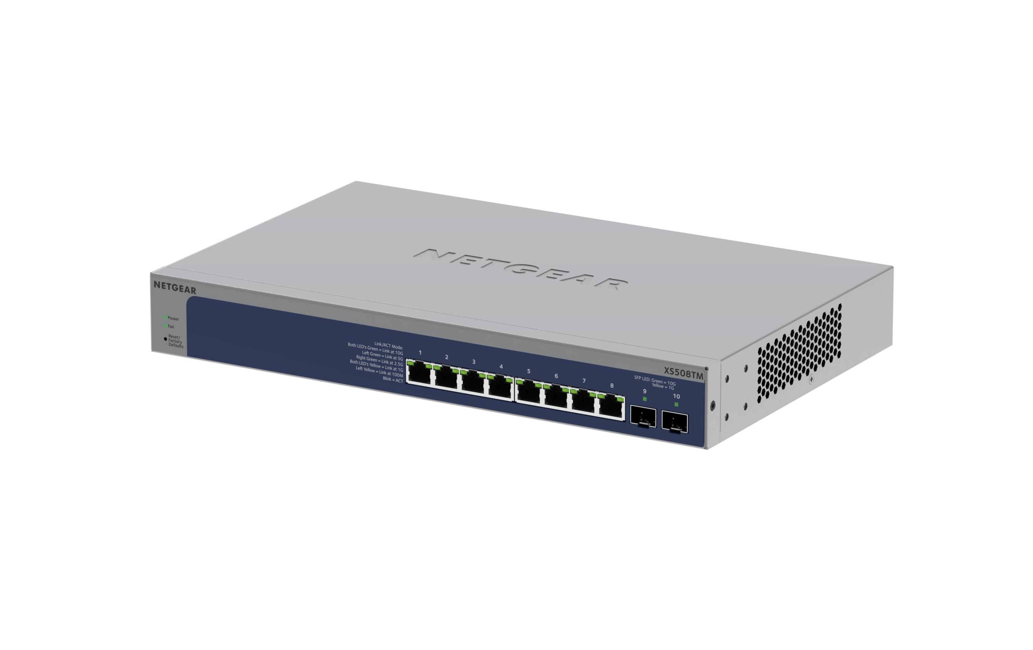 Szary 10-portowy przełącznik Netgear XS508TM.