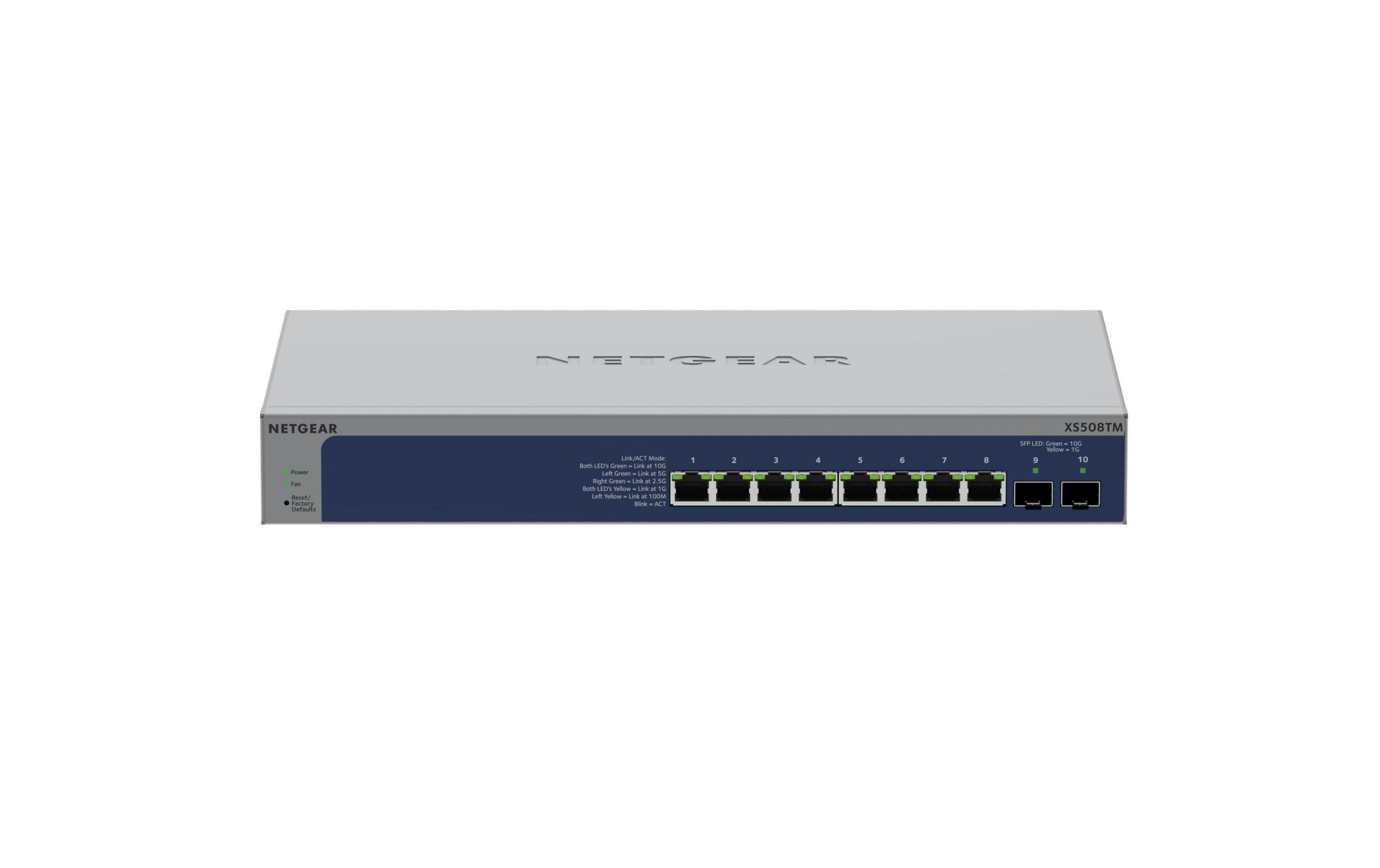 Srebrny przełącznik Netgear XS508TM z 8 portami Ethernet i 2 portami SFP.